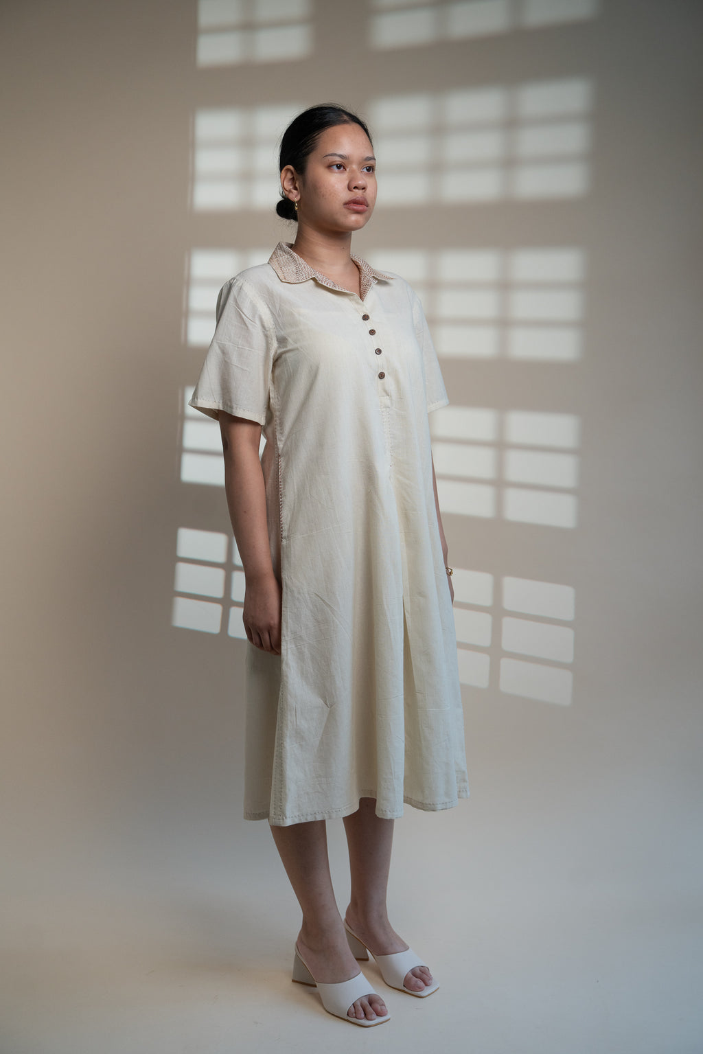 Dawning A Line Dress at Kamakhyaa by Lafaani. This item is Beige, Casual Wear, Denim, Kora, Midi Dresses, Natural, Regular Fit, Shirt Dresses, Solids, Womenswear