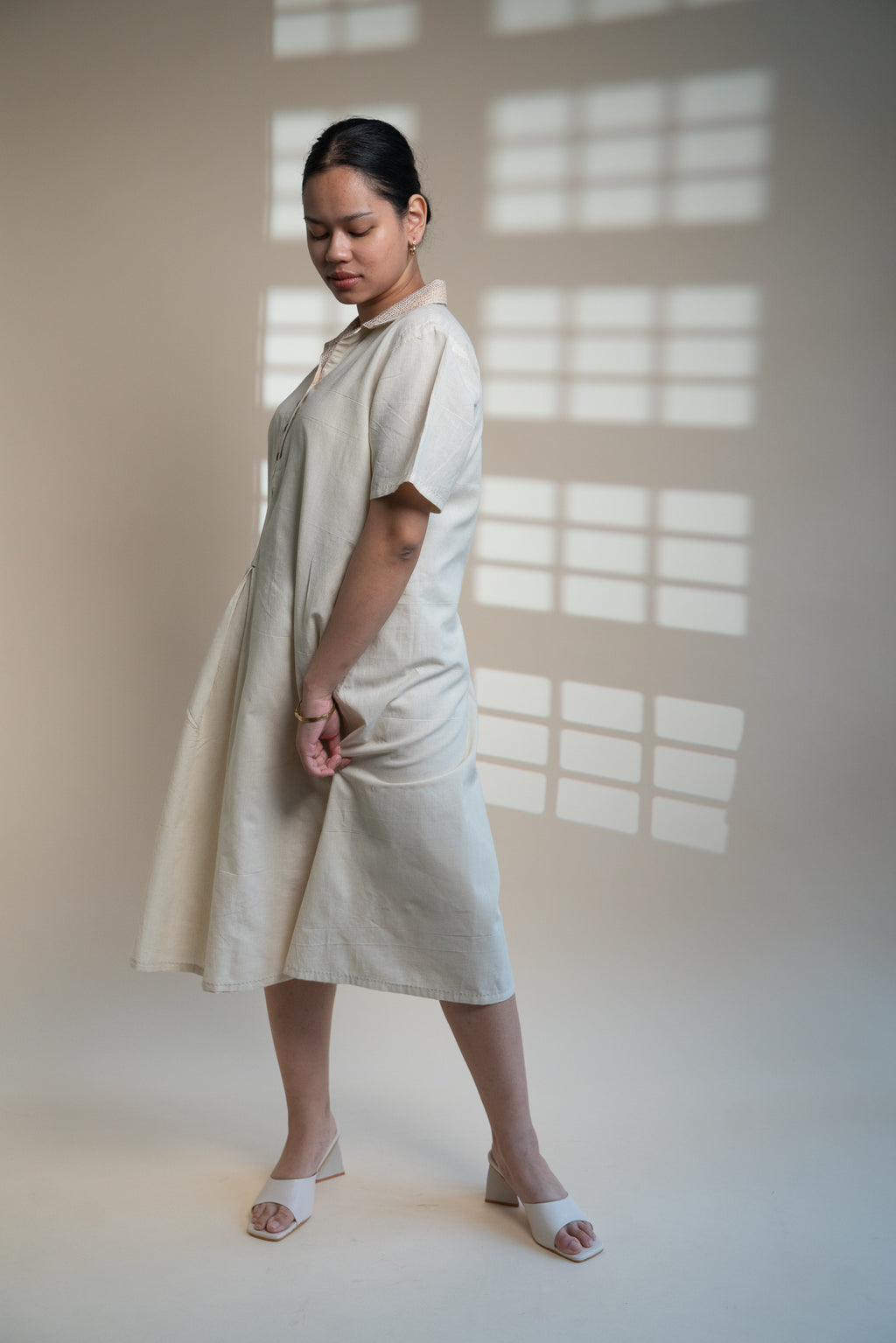 Dawning A Line Dress at Kamakhyaa by Lafaani. This item is Beige, Casual Wear, Denim, Kora, Midi Dresses, Natural, Regular Fit, Shirt Dresses, Solids, Womenswear