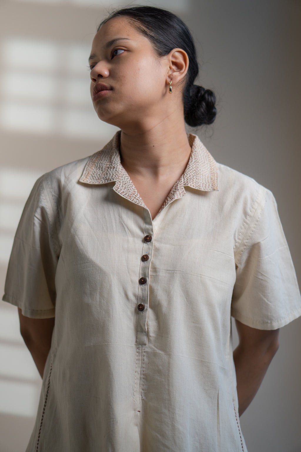 Dawning A Line Dress at Kamakhyaa by Lafaani. This item is Beige, Casual Wear, Denim, Kora, Midi Dresses, Natural, Regular Fit, Shirt Dresses, Solids, Womenswear