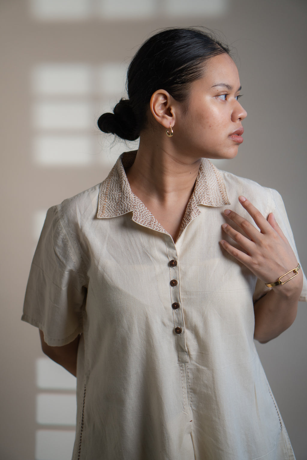 Dawning A Line Dress at Kamakhyaa by Lafaani. This item is Beige, Casual Wear, Denim, Kora, Midi Dresses, Natural, Regular Fit, Shirt Dresses, Solids, Womenswear