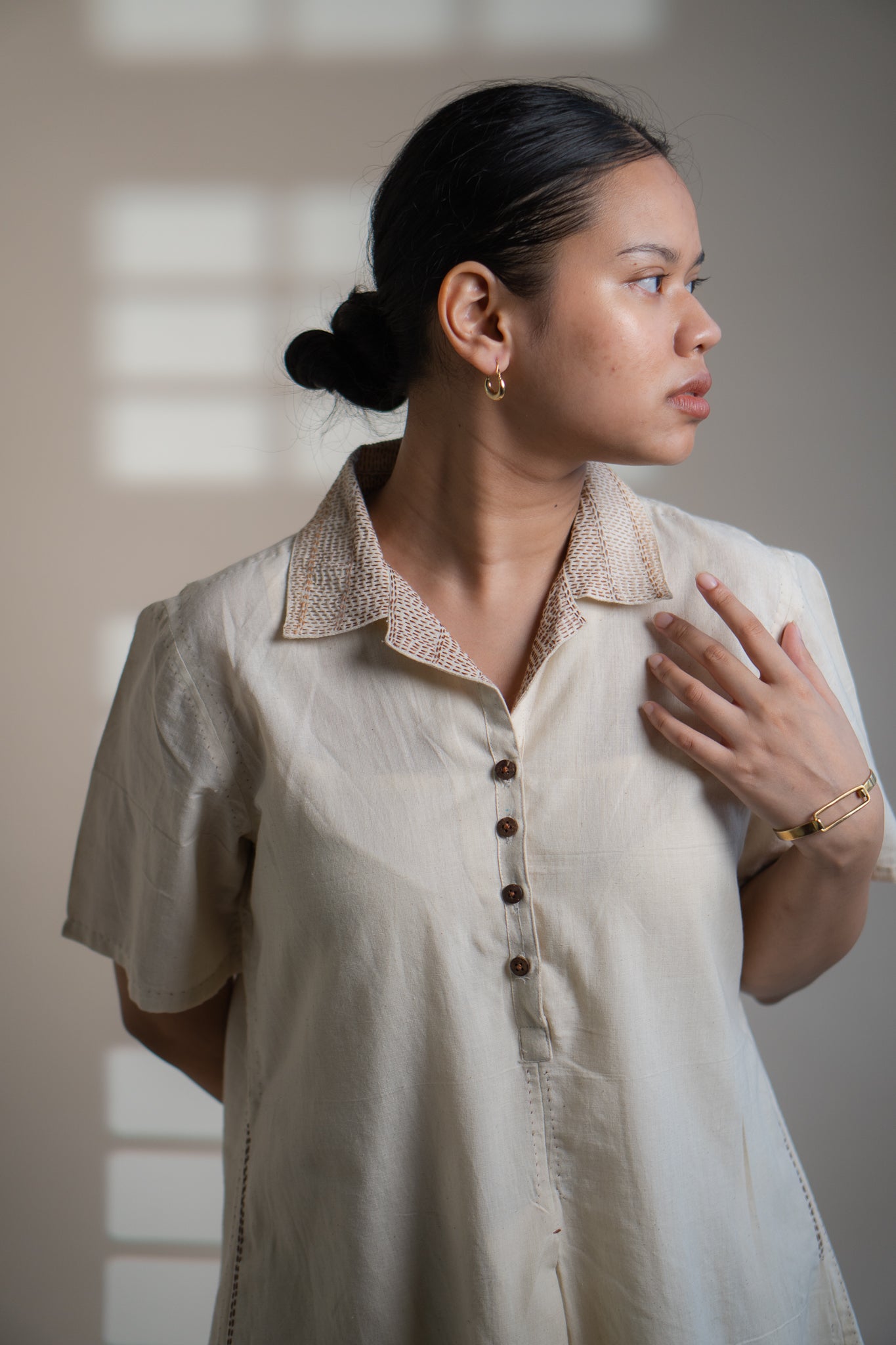 Dawning A Line Dress at Kamakhyaa by Lafaani. This item is Beige, Casual Wear, Denim, Kora, Midi Dresses, Natural, Regular Fit, Shirt Dresses, Solids, Womenswear