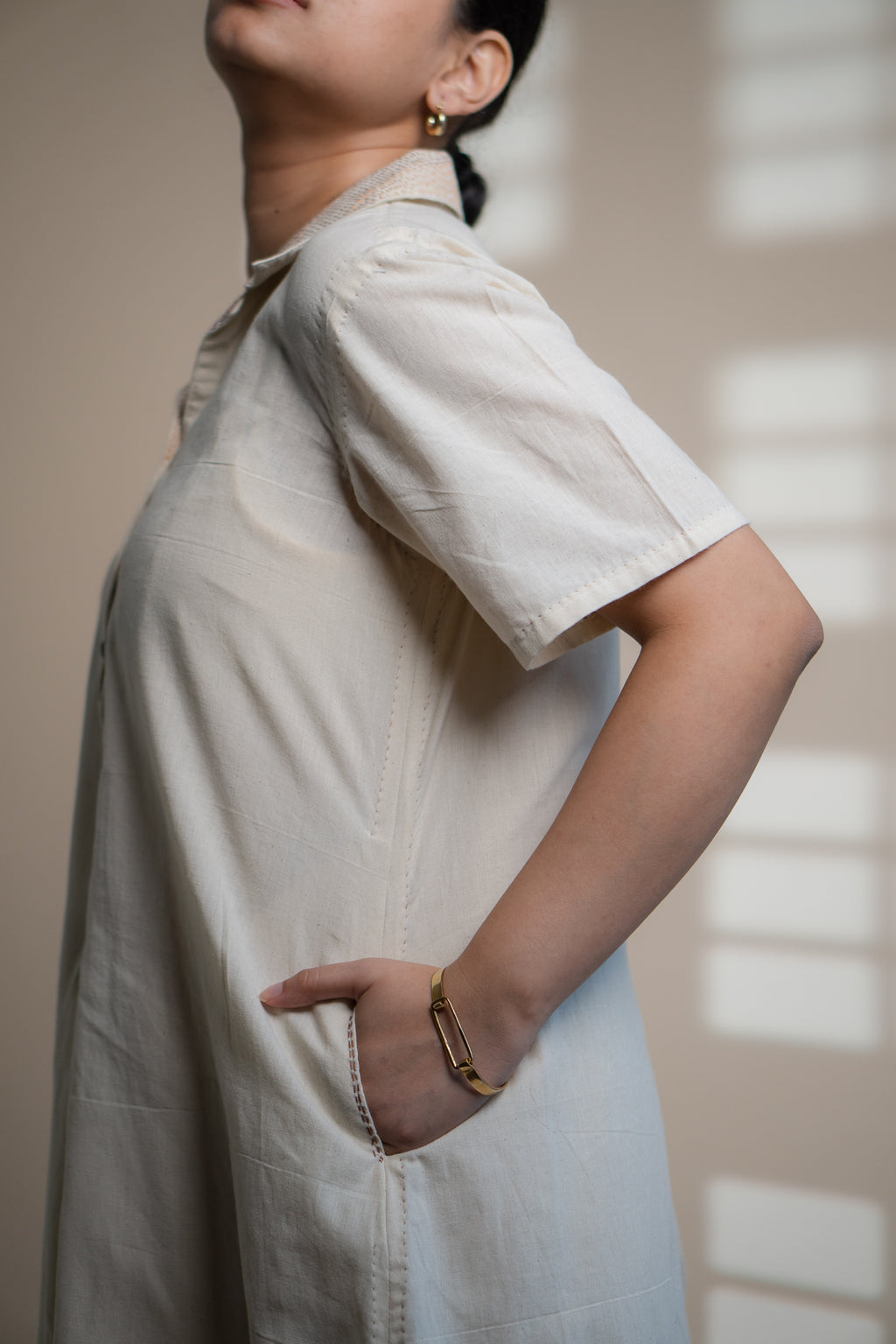 Dawning A Line Dress at Kamakhyaa by Lafaani. This item is Beige, Casual Wear, Denim, Kora, Midi Dresses, Natural, Regular Fit, Shirt Dresses, Solids, Womenswear