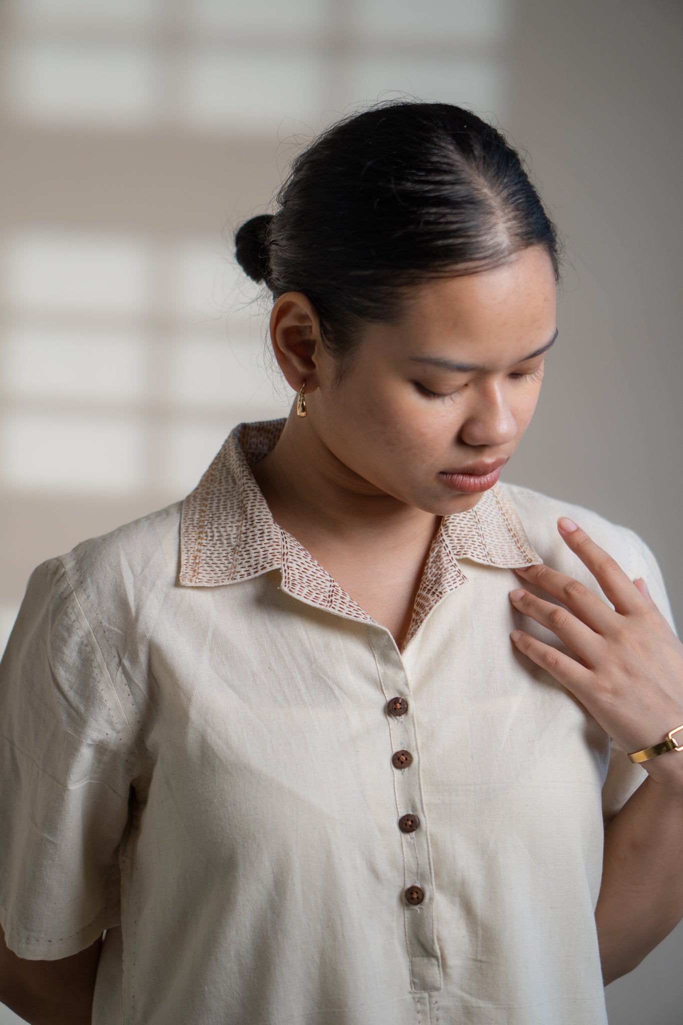Dawning A Line Dress at Kamakhyaa by Lafaani. This item is Beige, Casual Wear, Denim, Kora, Midi Dresses, Natural, Regular Fit, Shirt Dresses, Solids, Womenswear