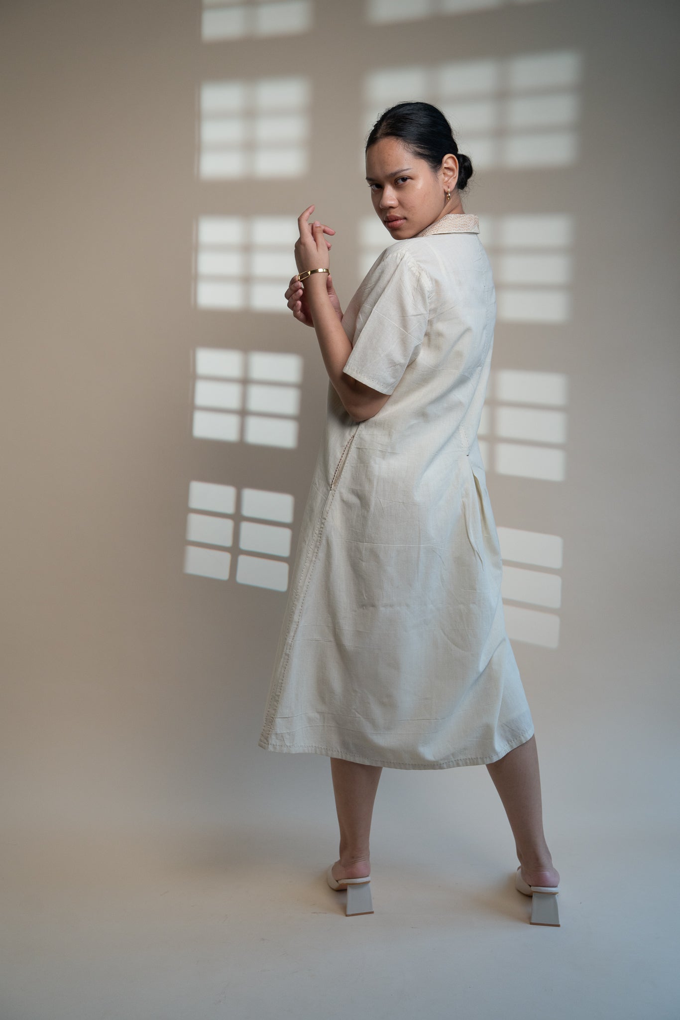 Dawning A Line Dress at Kamakhyaa by Lafaani. This item is Beige, Casual Wear, Denim, Kora, Midi Dresses, Natural, Regular Fit, Shirt Dresses, Solids, Womenswear