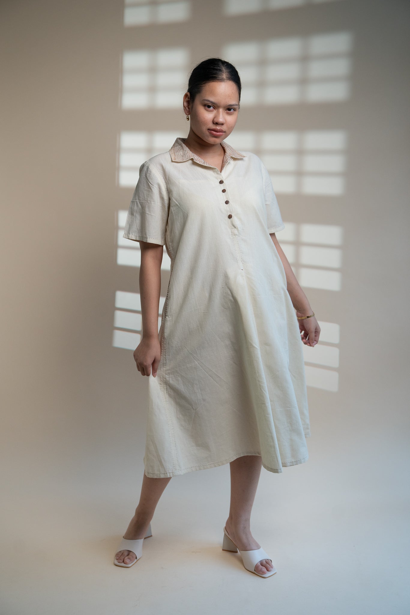 Dawning A Line Dress at Kamakhyaa by Lafaani. This item is Beige, Casual Wear, Denim, Kora, Midi Dresses, Natural, Regular Fit, Shirt Dresses, Solids, Womenswear