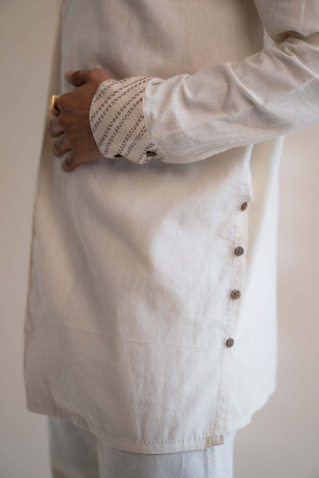 Dawning Angrakha Long Shirt at Kamakhyaa by Lafaani. This item is Beige, Casual Wear, Denim, Embroidered, For Father, For Him, Hand Woven Cotton, Kora, Menswear, Natural, Regular Fit, Shirts, Tops
