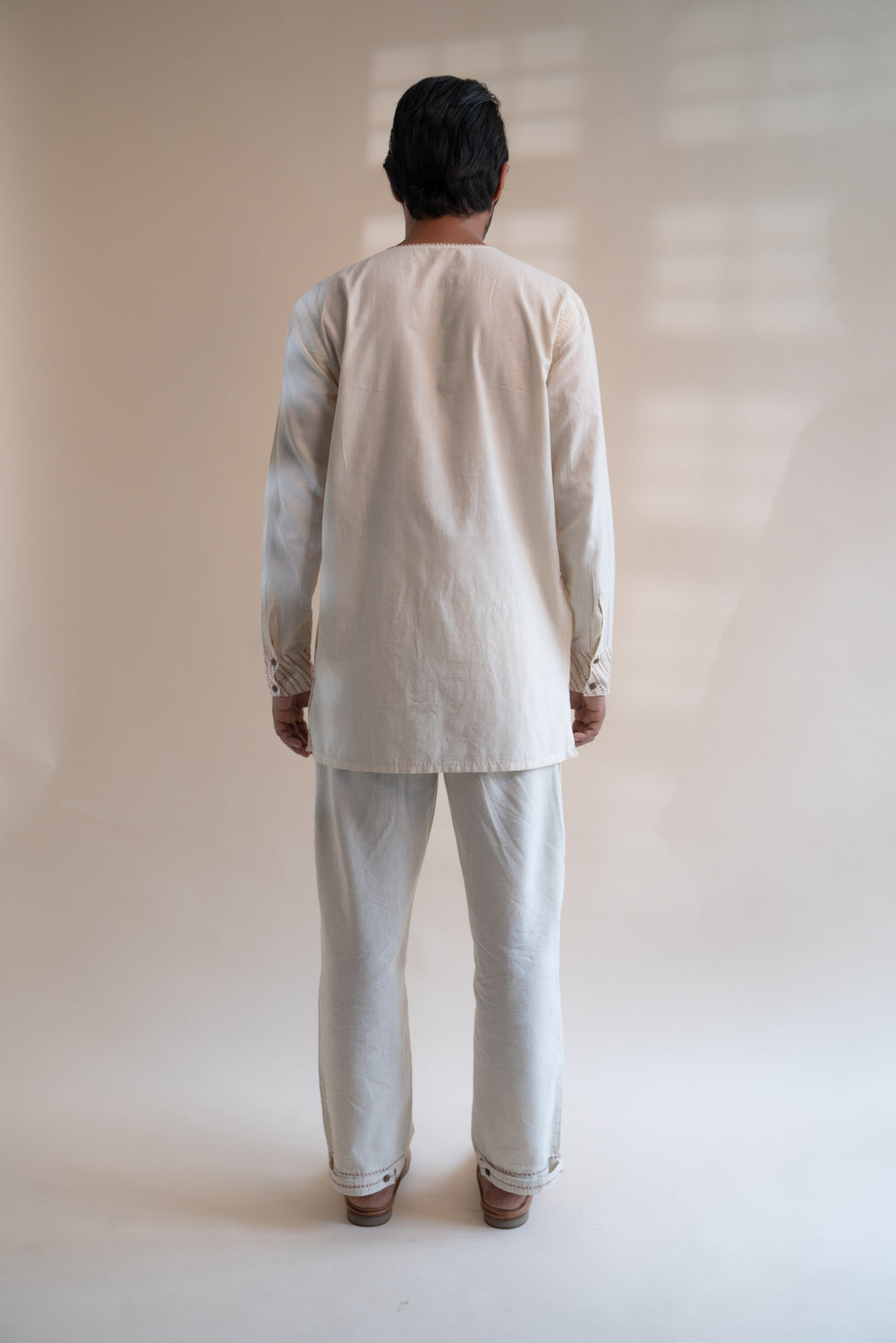 Dawning Angrakha Long Shirt at Kamakhyaa by Lafaani. This item is Beige, Casual Wear, Denim, Embroidered, For Father, For Him, Hand Woven Cotton, Kora, Menswear, Natural, Regular Fit, Shirts, Tops