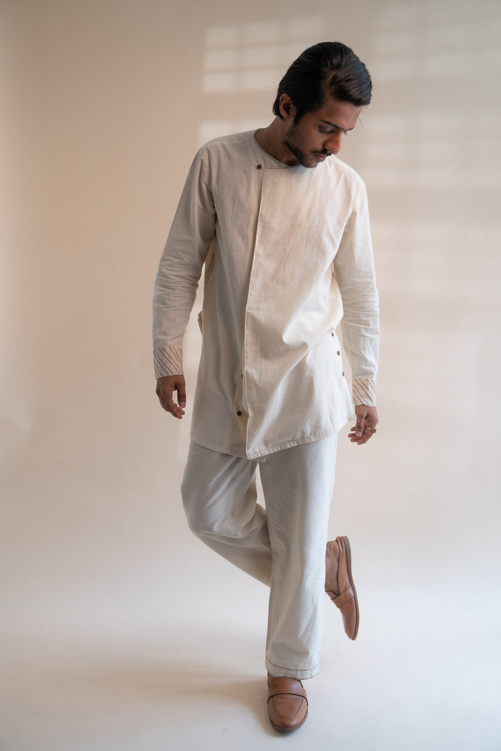 Dawning Angrakha Long Shirt at Kamakhyaa by Lafaani. This item is Beige, Casual Wear, Denim, Embroidered, For Father, For Him, Hand Woven Cotton, Kora, Menswear, Natural, Regular Fit, Shirts, Tops