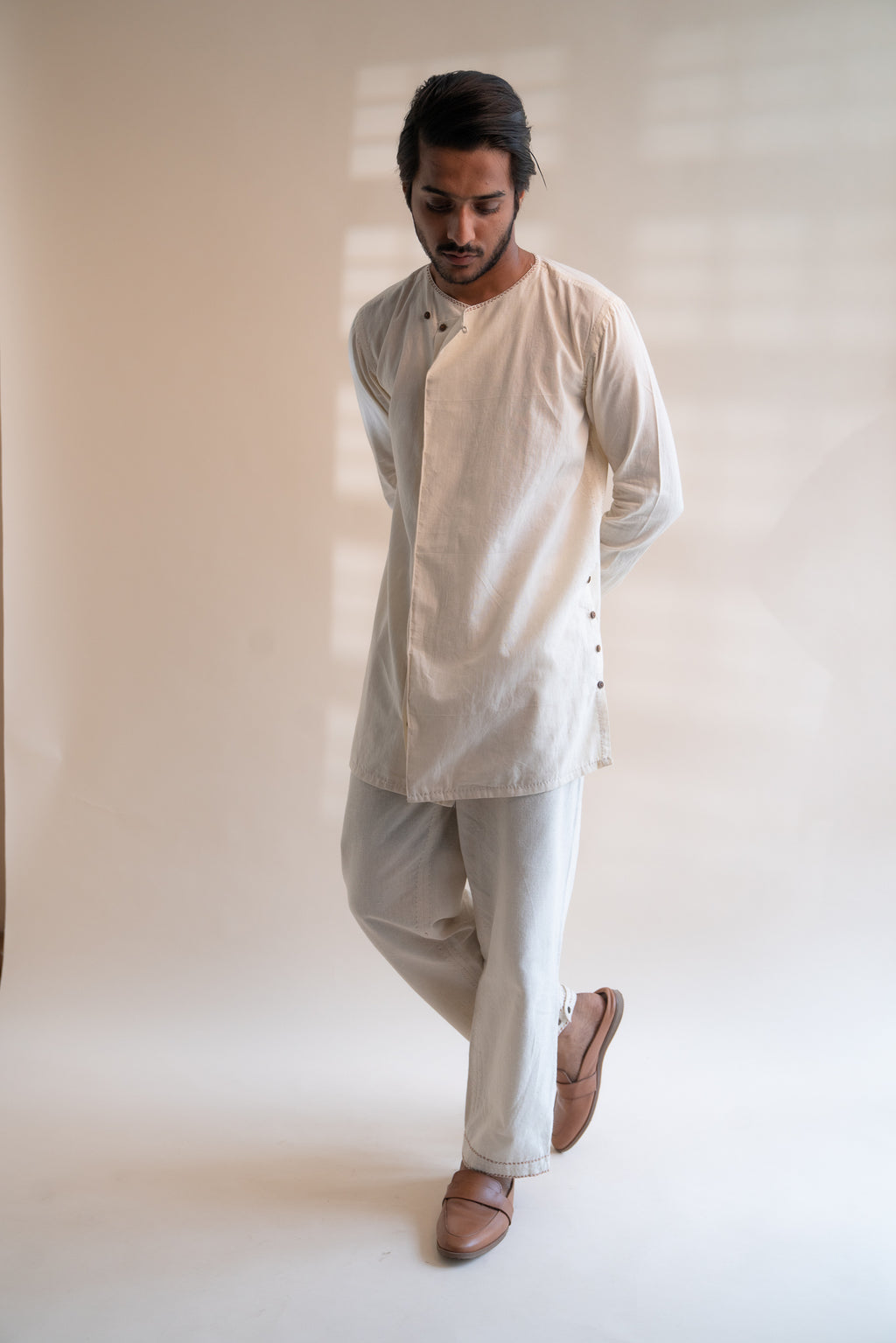 Dawning Angrakha Long Shirt at Kamakhyaa by Lafaani. This item is Beige, Casual Wear, Denim, Embroidered, For Father, For Him, Hand Woven Cotton, Kora, Menswear, Natural, Regular Fit, Shirts, Tops