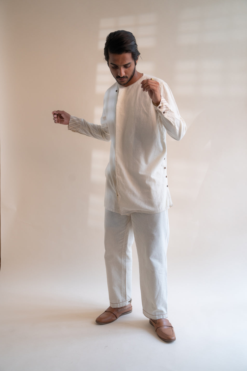 Dawning Angrakha Long Shirt at Kamakhyaa by Lafaani. This item is Beige, Casual Wear, Denim, Embroidered, For Father, For Him, Hand Woven Cotton, Kora, Menswear, Natural, Regular Fit, Shirts, Tops