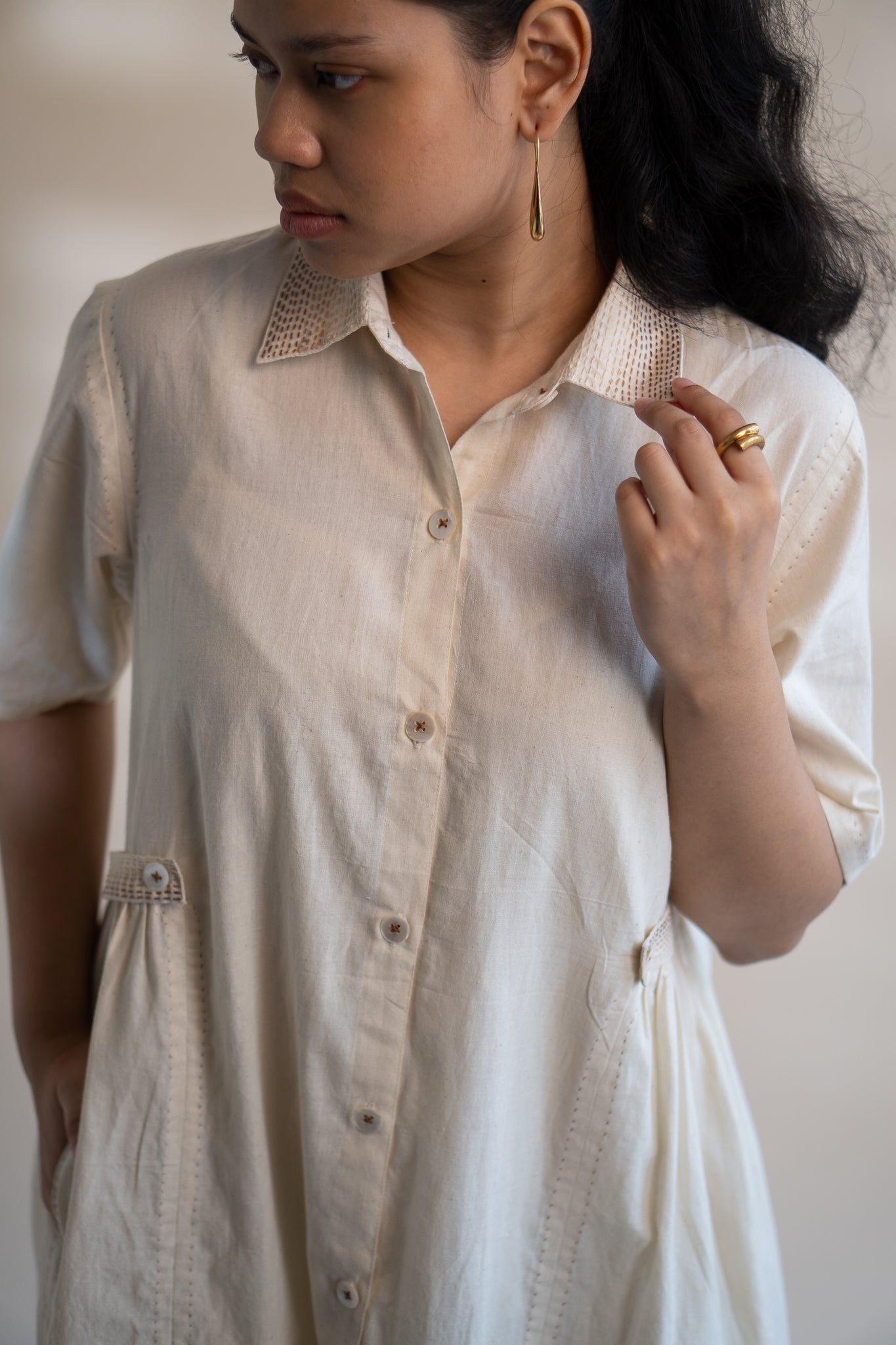 Dawning Button Down Dress at Kamakhyaa by Lafaani. This item is Beige, Casual Wear, Denim, Embroidered, Hand Woven Cotton, Kora, Natural, Regular Fit, Shirt Dresses, Shirts, Womenswear