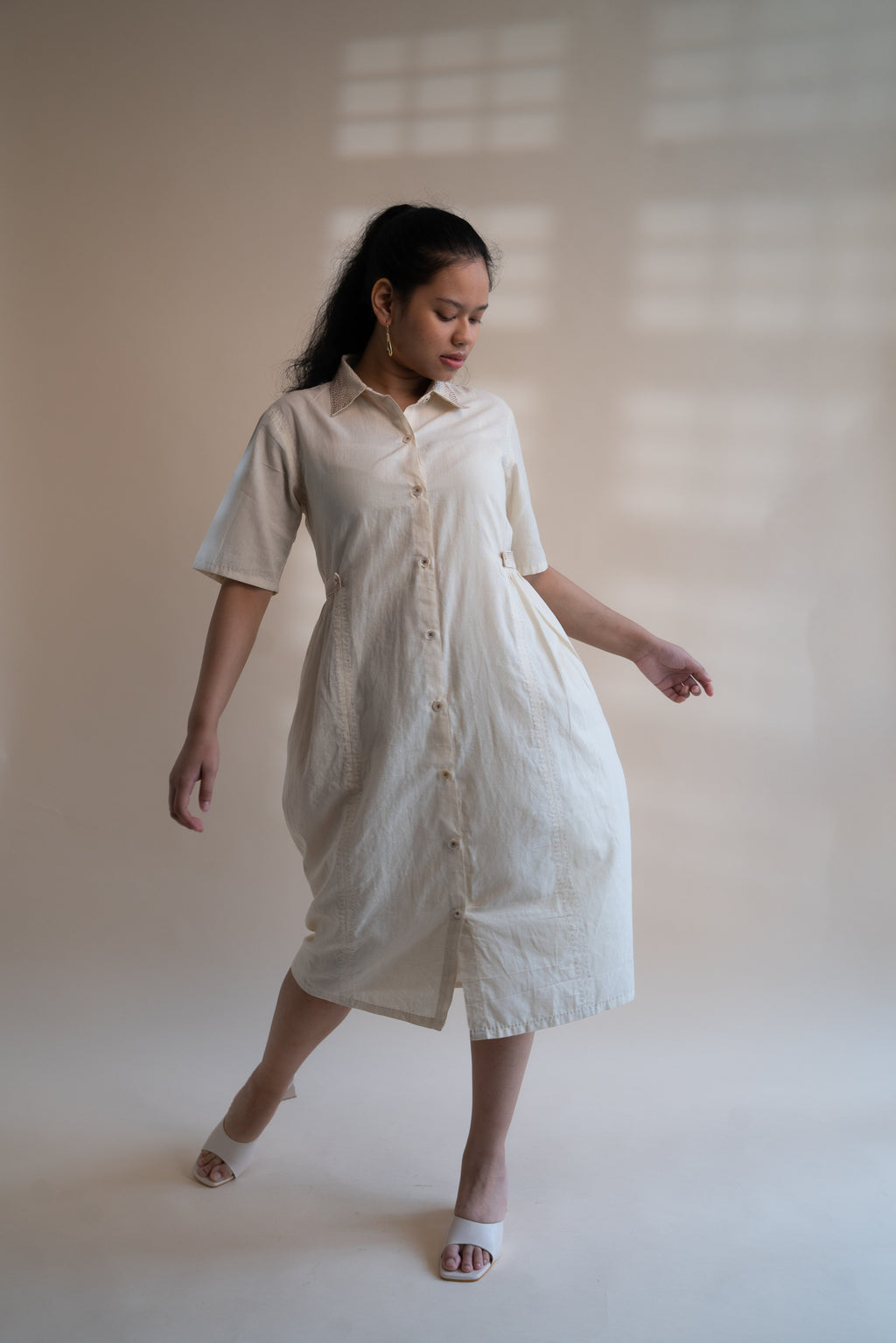 Dawning Button Down Dress at Kamakhyaa by Lafaani. This item is Beige, Casual Wear, Denim, Embroidered, Hand Woven Cotton, Kora, Natural, Regular Fit, Shirt Dresses, Shirts, Womenswear