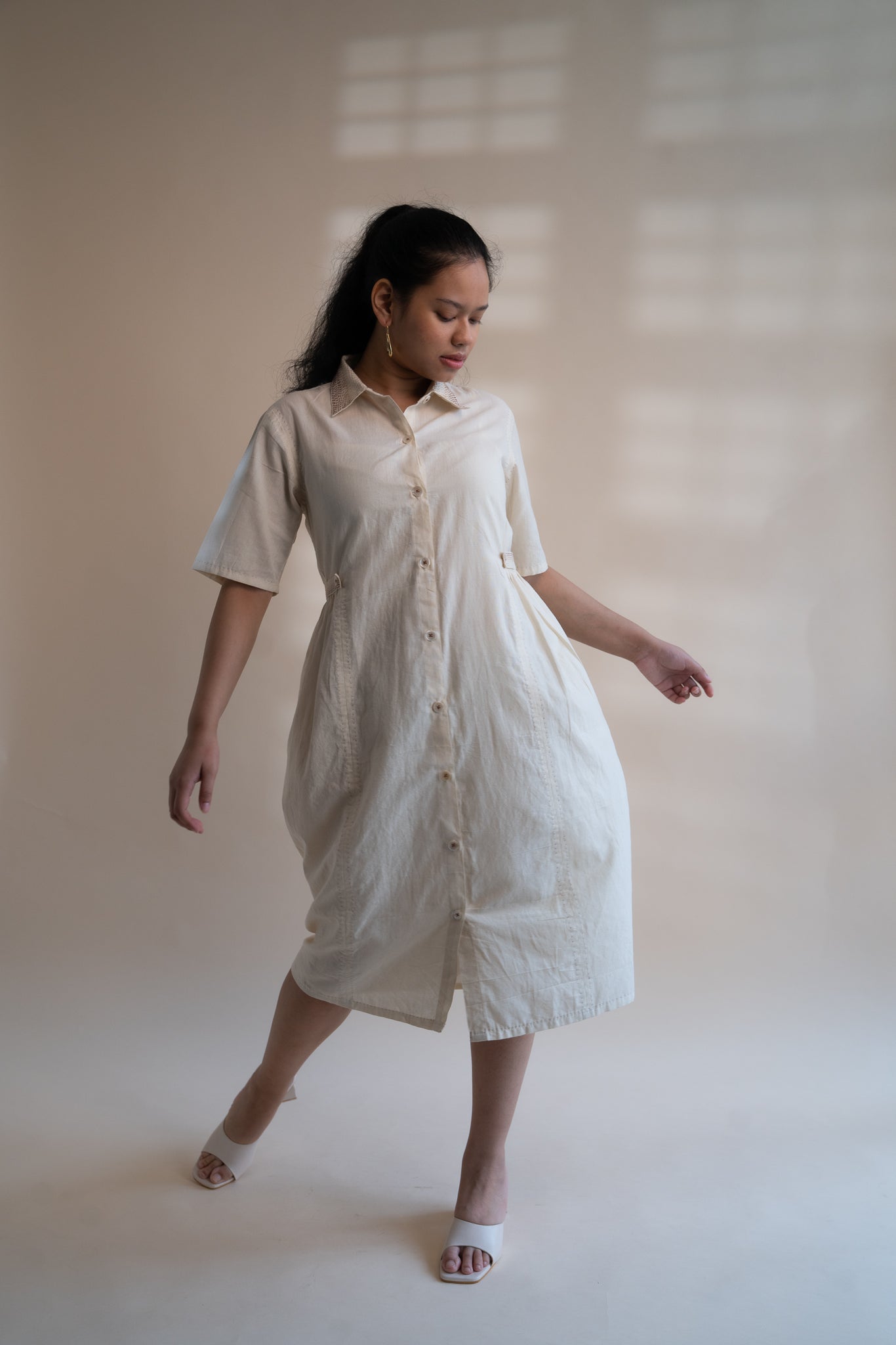 Dawning Button Down Dress at Kamakhyaa by Lafaani. This item is Beige, Casual Wear, Denim, Embroidered, Hand Woven Cotton, Kora, Natural, Regular Fit, Shirt Dresses, Shirts, Womenswear