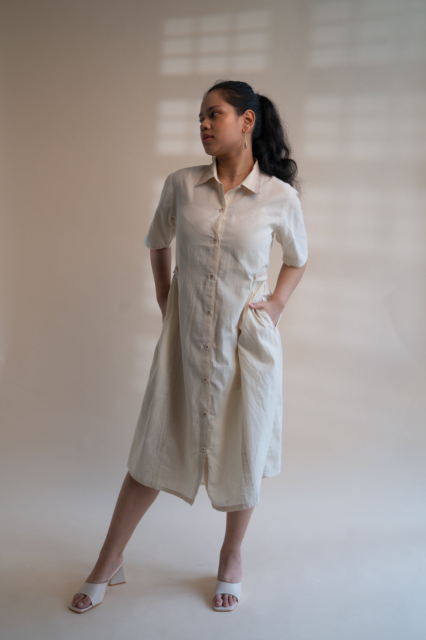 Dawning Button Down Dress at Kamakhyaa by Lafaani. This item is Beige, Casual Wear, Denim, Embroidered, Hand Woven Cotton, Kora, Natural, Regular Fit, Shirt Dresses, Shirts, Womenswear