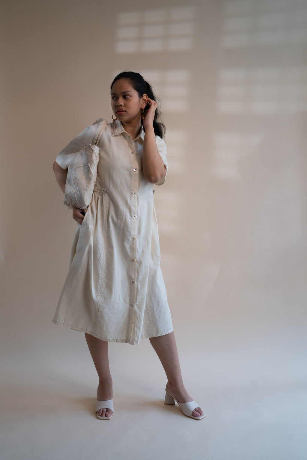 Dawning Button Down Dress at Kamakhyaa by Lafaani. This item is Beige, Casual Wear, Denim, Embroidered, Hand Woven Cotton, Kora, Natural, Regular Fit, Shirt Dresses, Shirts, Womenswear
