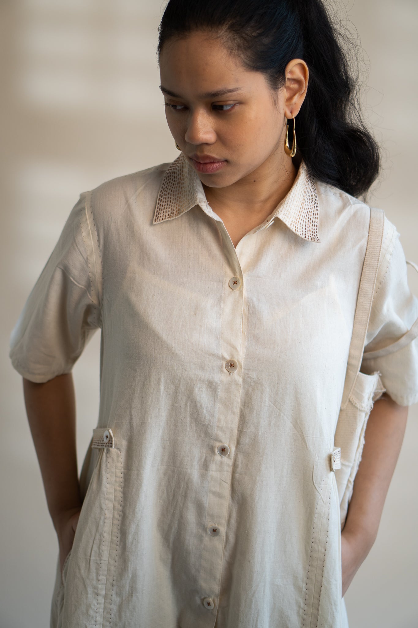 Dawning Button Down Dress at Kamakhyaa by Lafaani. This item is Beige, Casual Wear, Denim, Embroidered, Hand Woven Cotton, Kora, Natural, Regular Fit, Shirt Dresses, Shirts, Womenswear