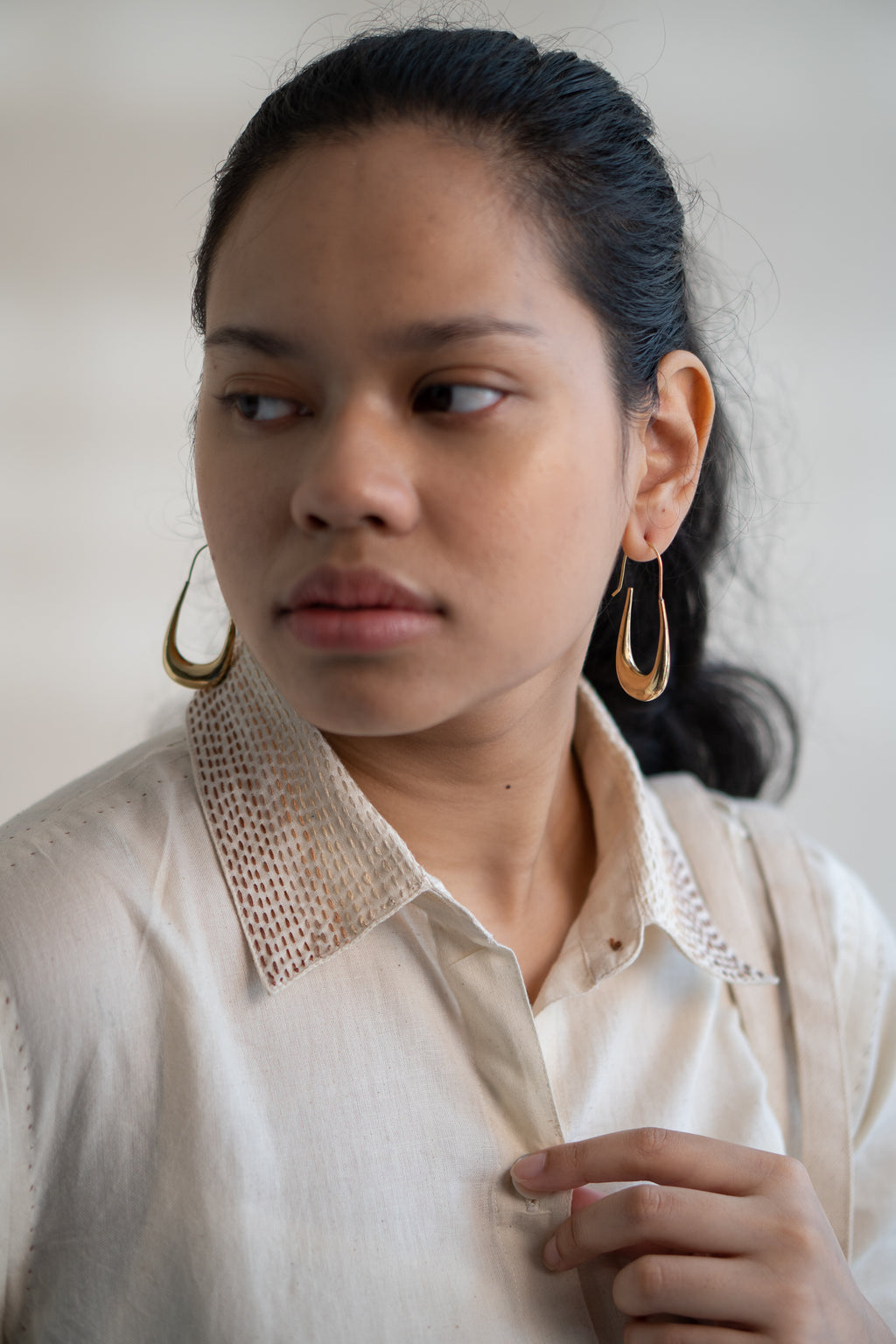 Dawning Button Down Dress at Kamakhyaa by Lafaani. This item is Beige, Casual Wear, Denim, Embroidered, Hand Woven Cotton, Kora, Natural, Regular Fit, Shirt Dresses, Shirts, Womenswear