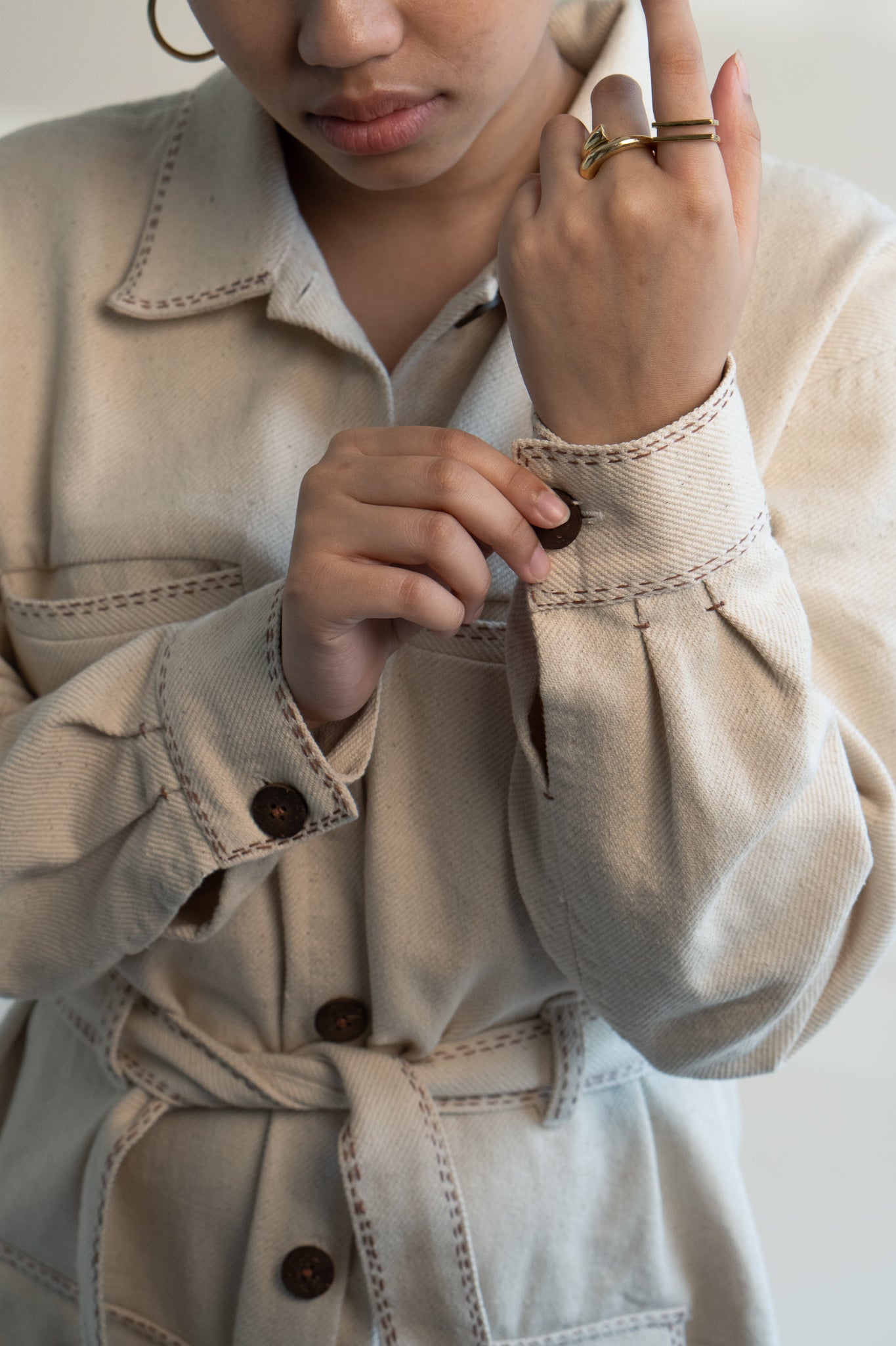 Dawning Denim Dress at Kamakhyaa by Lafaani. This item is Beige, Casual Wear, Denim, Embroidered, Hand Woven Cotton, Kora, Natural, Regular Fit, Shirt Dresses, Shirts, Womenswear