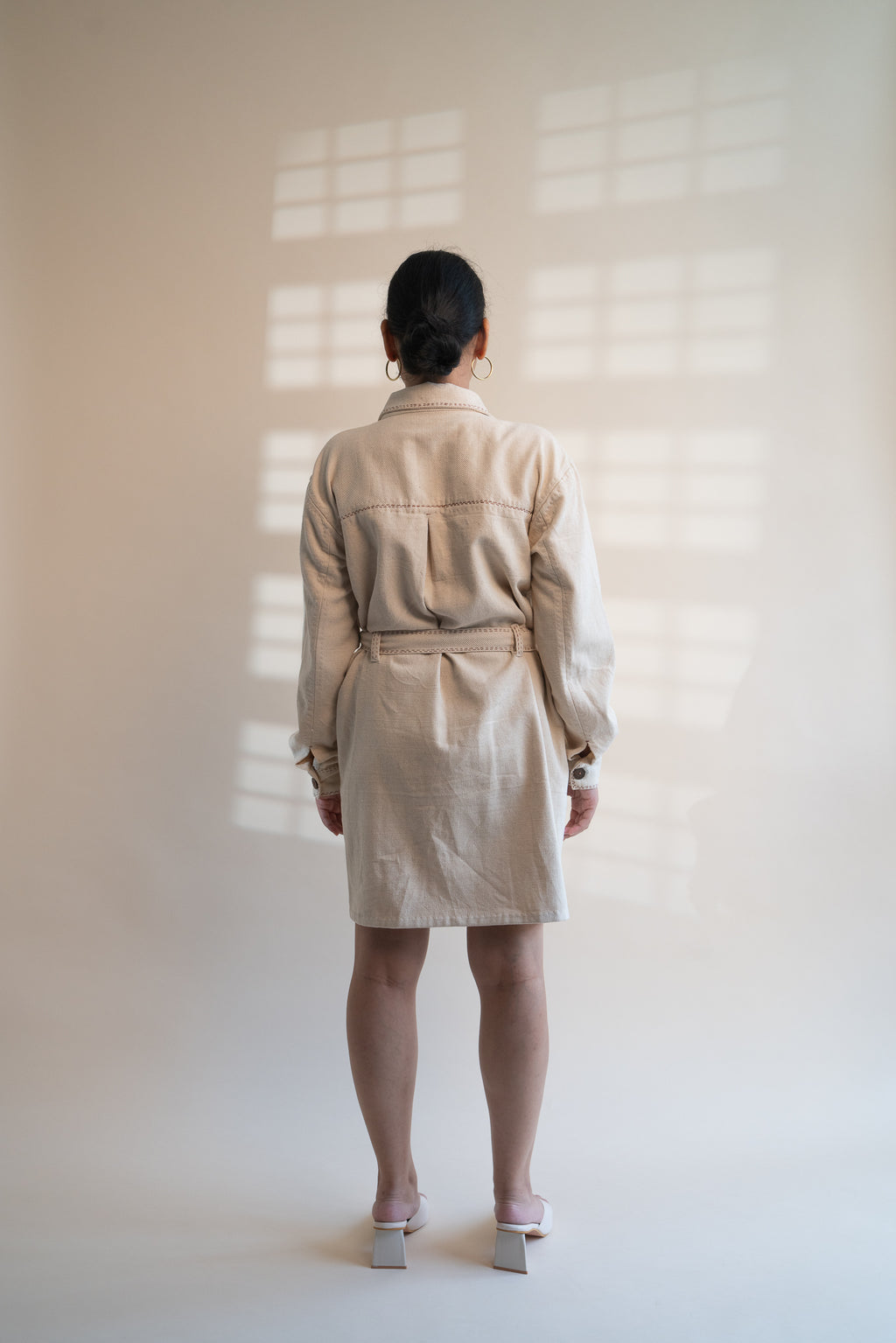 Dawning Denim Dress at Kamakhyaa by Lafaani. This item is Beige, Casual Wear, Denim, Embroidered, Hand Woven Cotton, Kora, Natural, Regular Fit, Shirt Dresses, Shirts, Womenswear