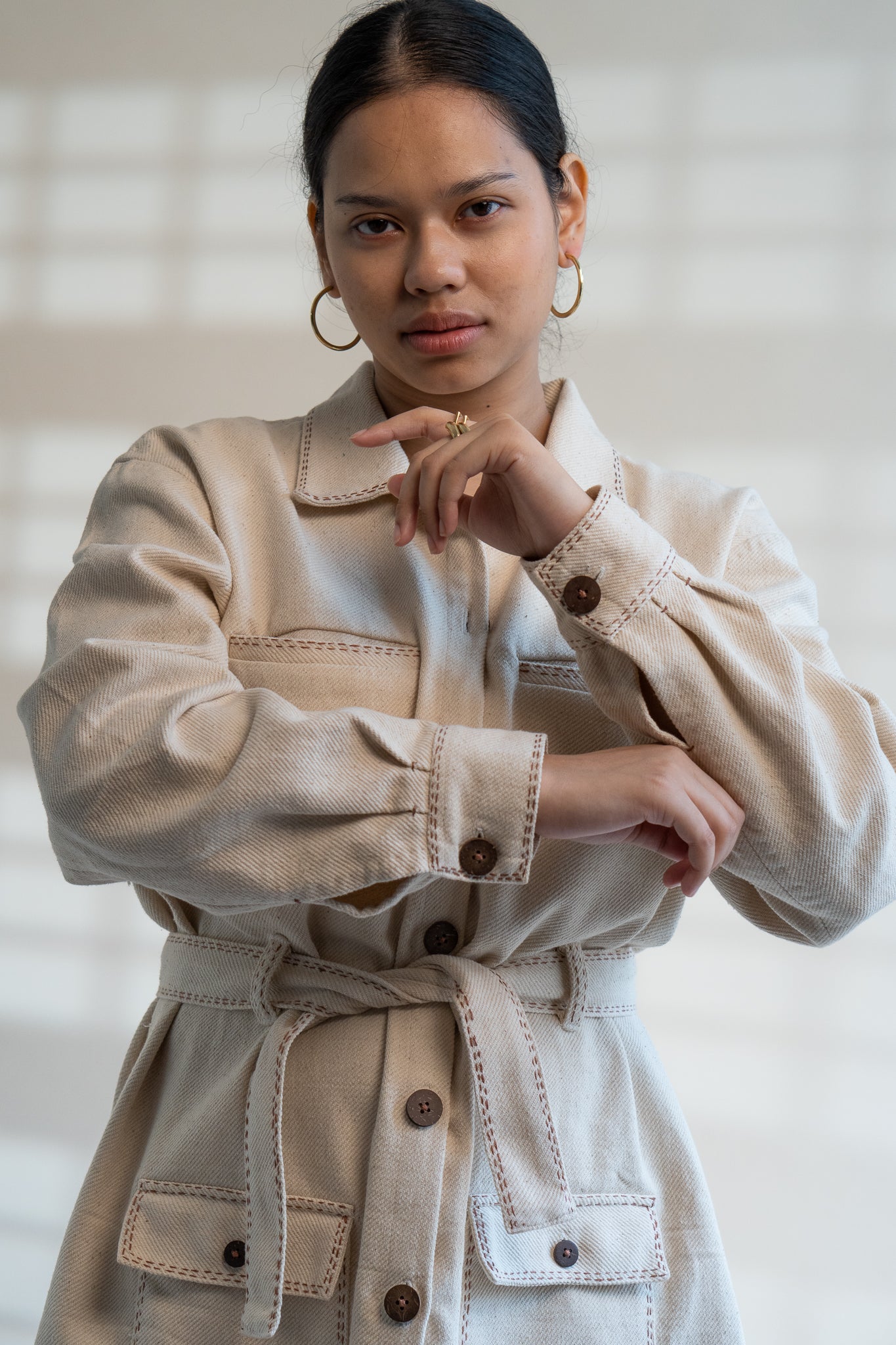 Dawning Denim Dress at Kamakhyaa by Lafaani. This item is Beige, Casual Wear, Denim, Embroidered, Hand Woven Cotton, Kora, Natural, Regular Fit, Shirt Dresses, Shirts, Womenswear