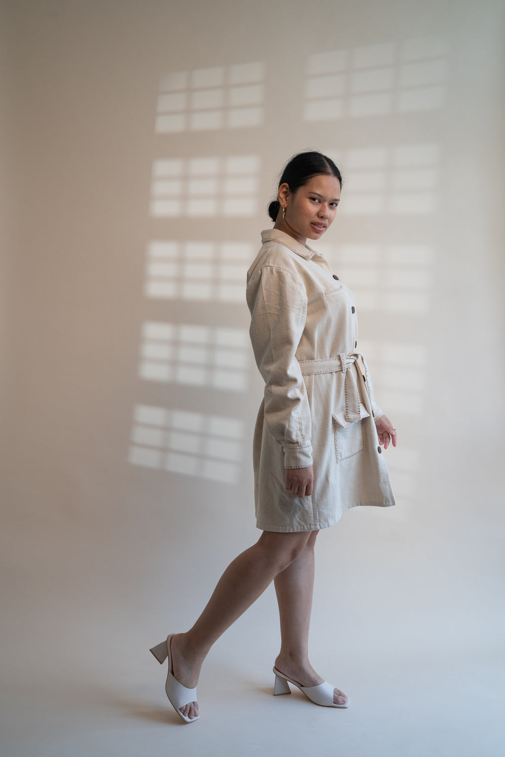 Dawning Denim Dress at Kamakhyaa by Lafaani. This item is Beige, Casual Wear, Denim, Embroidered, Hand Woven Cotton, Kora, Natural, Regular Fit, Shirt Dresses, Shirts, Womenswear