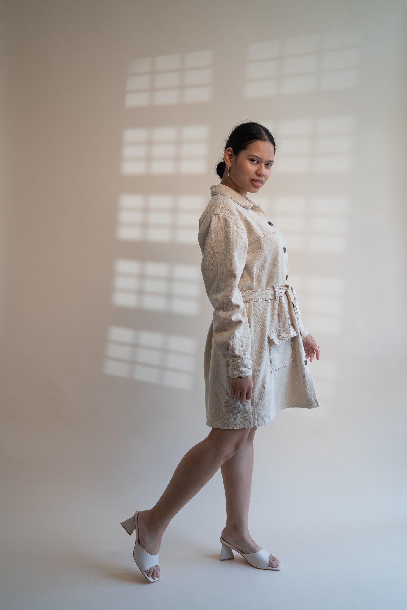 Dawning Denim Dress at Kamakhyaa by Lafaani. This item is Beige, Casual Wear, Denim, Embroidered, Hand Woven Cotton, Kora, Natural, Regular Fit, Shirt Dresses, Shirts, Womenswear