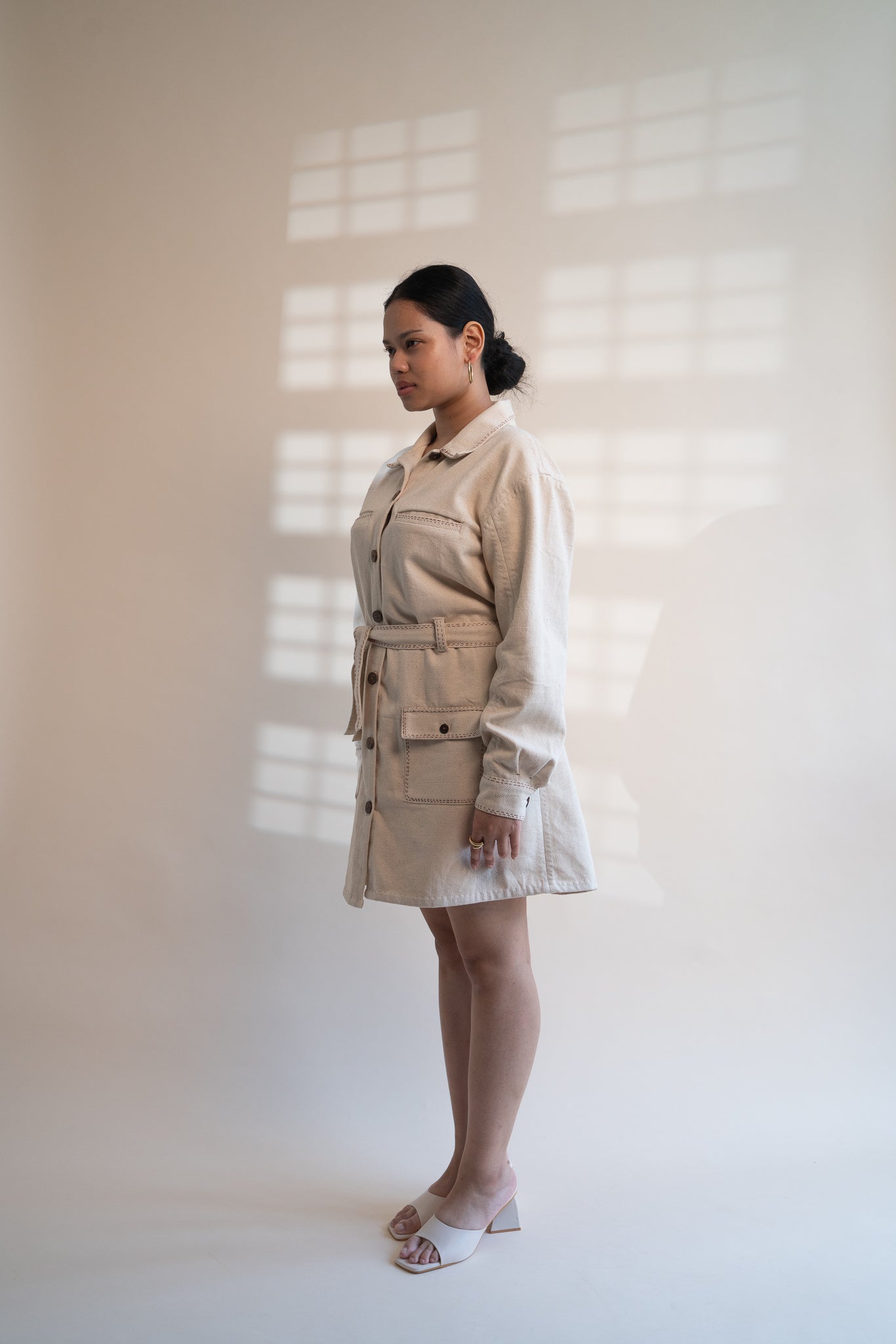 Dawning Denim Dress at Kamakhyaa by Lafaani. This item is Beige, Casual Wear, Denim, Embroidered, Hand Woven Cotton, Kora, Natural, Regular Fit, Shirt Dresses, Shirts, Womenswear