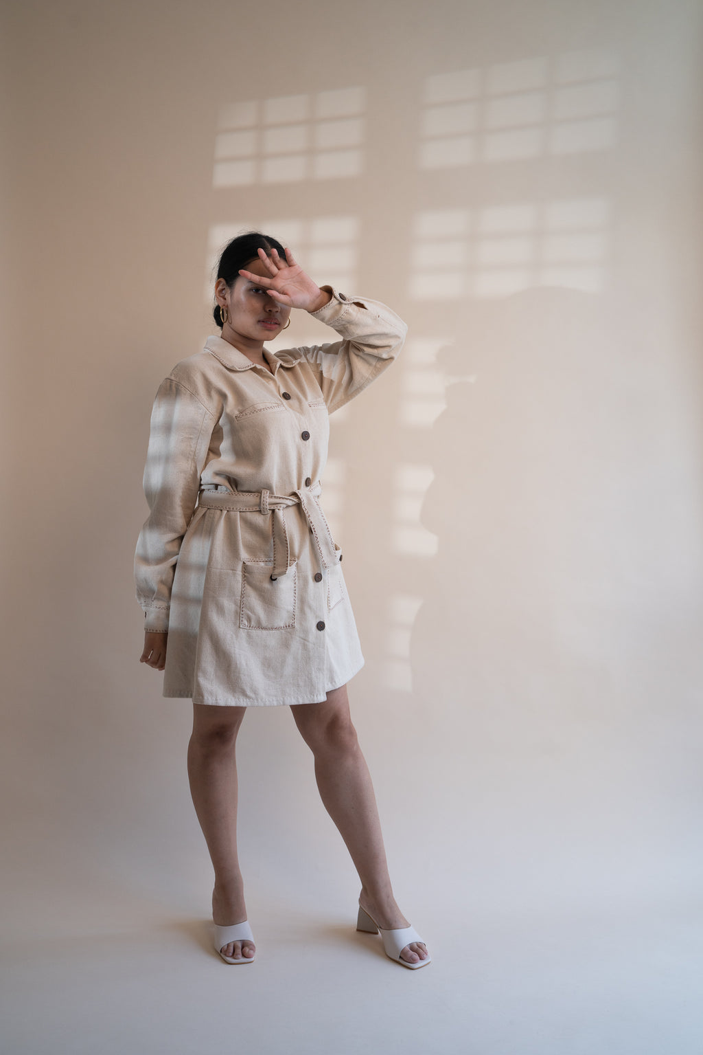 Dawning Denim Dress at Kamakhyaa by Lafaani. This item is Beige, Casual Wear, Denim, Embroidered, Hand Woven Cotton, Kora, Natural, Regular Fit, Shirt Dresses, Shirts, Womenswear