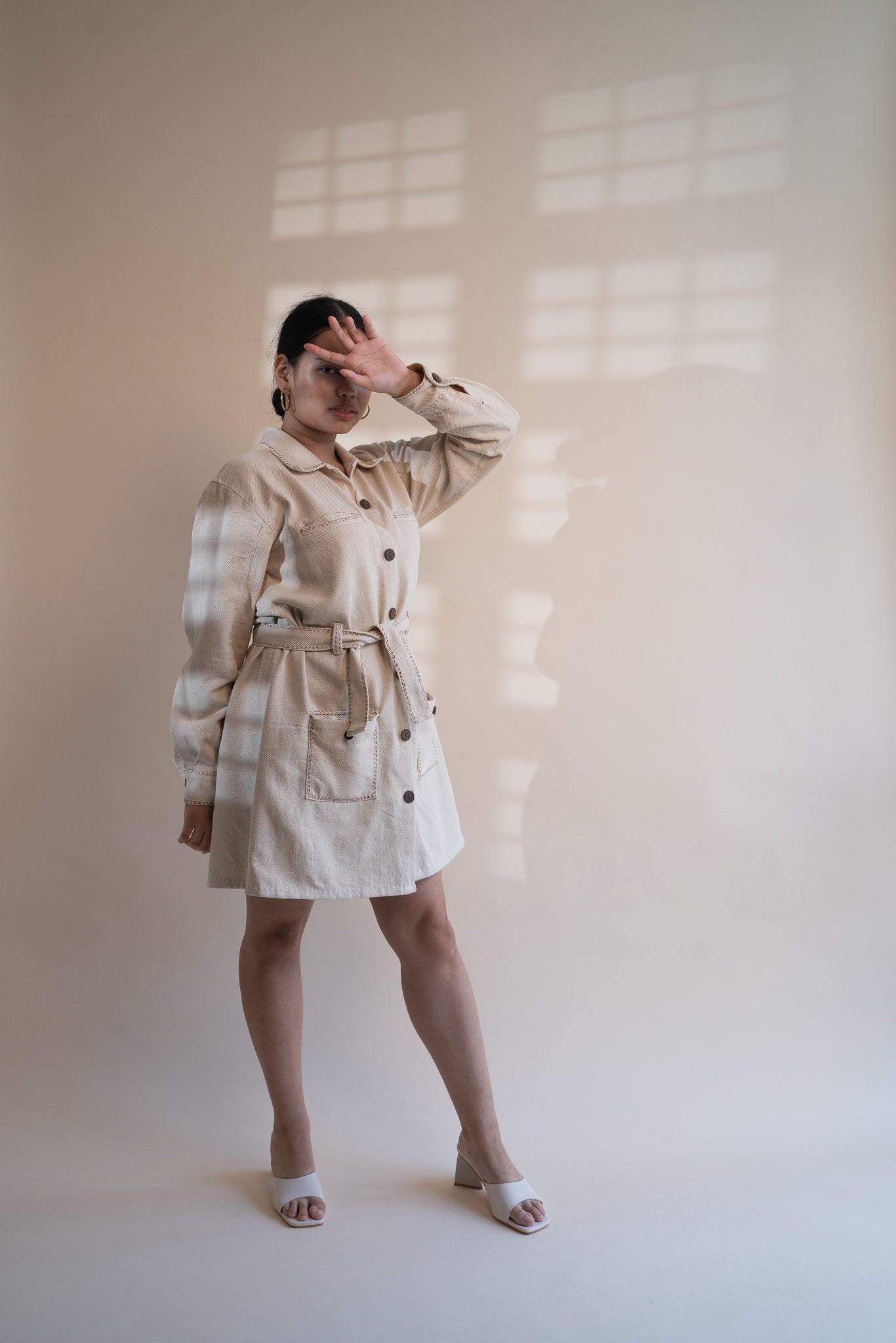 Dawning Denim Dress at Kamakhyaa by Lafaani. This item is Beige, Casual Wear, Denim, Embroidered, Hand Woven Cotton, Kora, Natural, Regular Fit, Shirt Dresses, Shirts, Womenswear