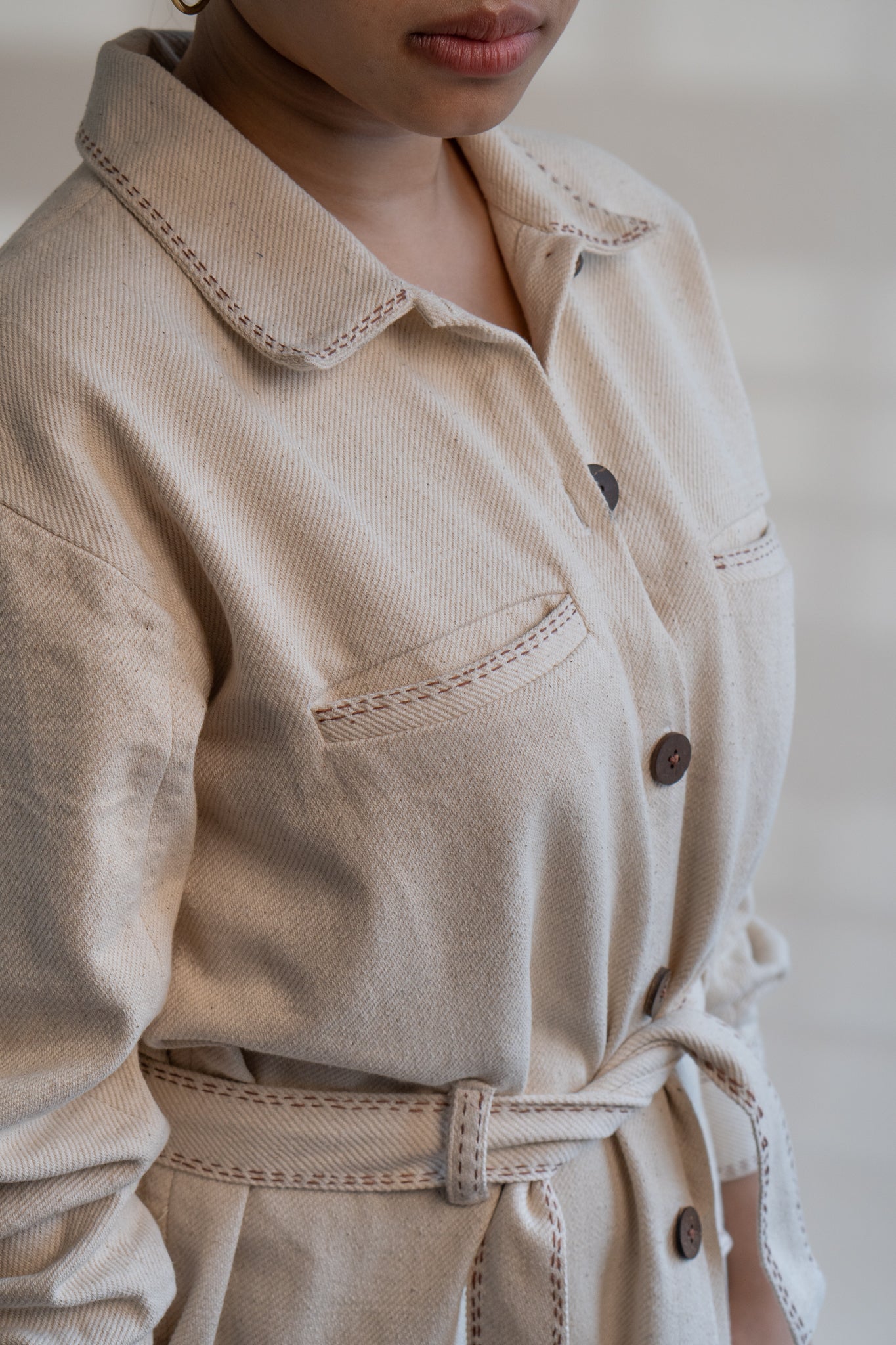 Dawning Denim Dress at Kamakhyaa by Lafaani. This item is Beige, Casual Wear, Denim, Embroidered, Hand Woven Cotton, Kora, Natural, Regular Fit, Shirt Dresses, Shirts, Womenswear