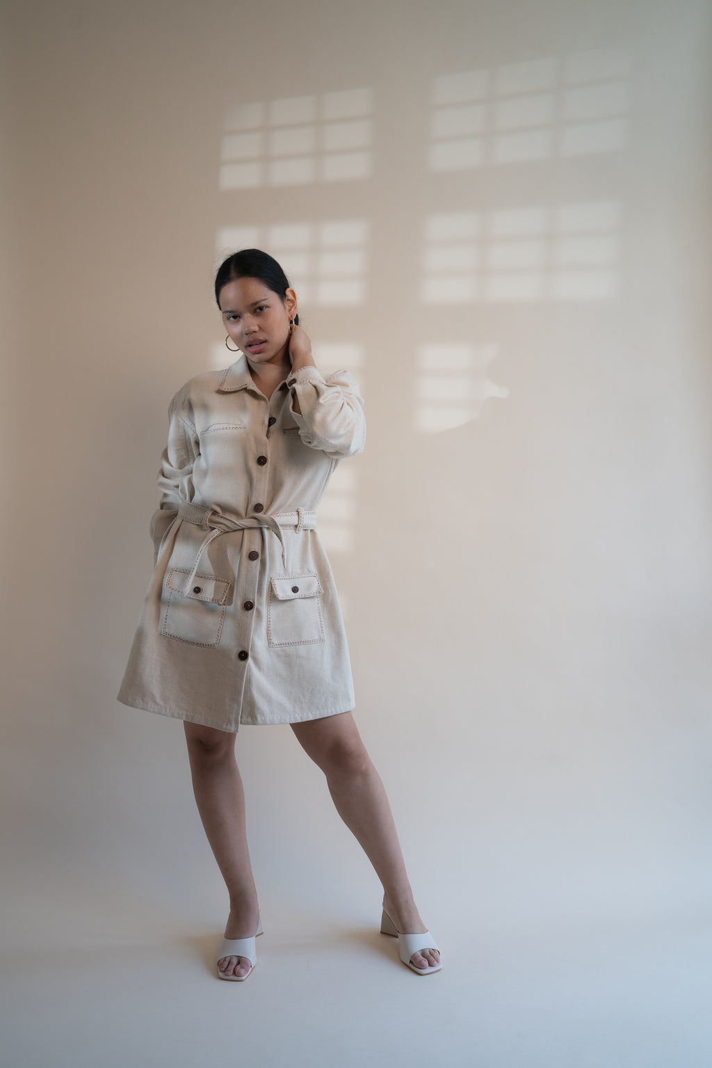 Dawning Denim Dress at Kamakhyaa by Lafaani. This item is Beige, Casual Wear, Denim, Embroidered, Hand Woven Cotton, Kora, Natural, Regular Fit, Shirt Dresses, Shirts, Womenswear