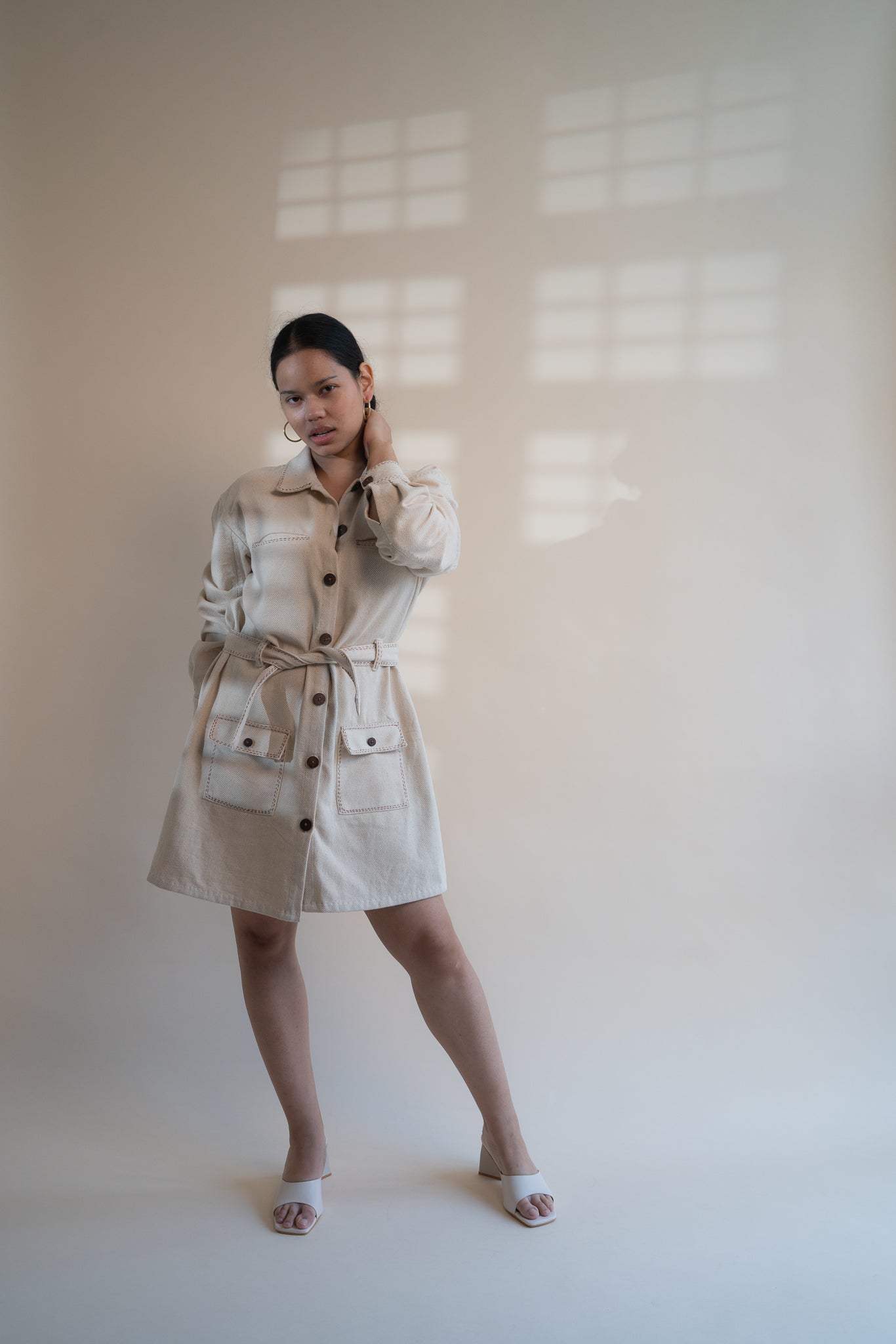 Dawning Denim Dress at Kamakhyaa by Lafaani. This item is Beige, Casual Wear, Denim, Embroidered, Hand Woven Cotton, Kora, Natural, Regular Fit, Shirt Dresses, Shirts, Womenswear