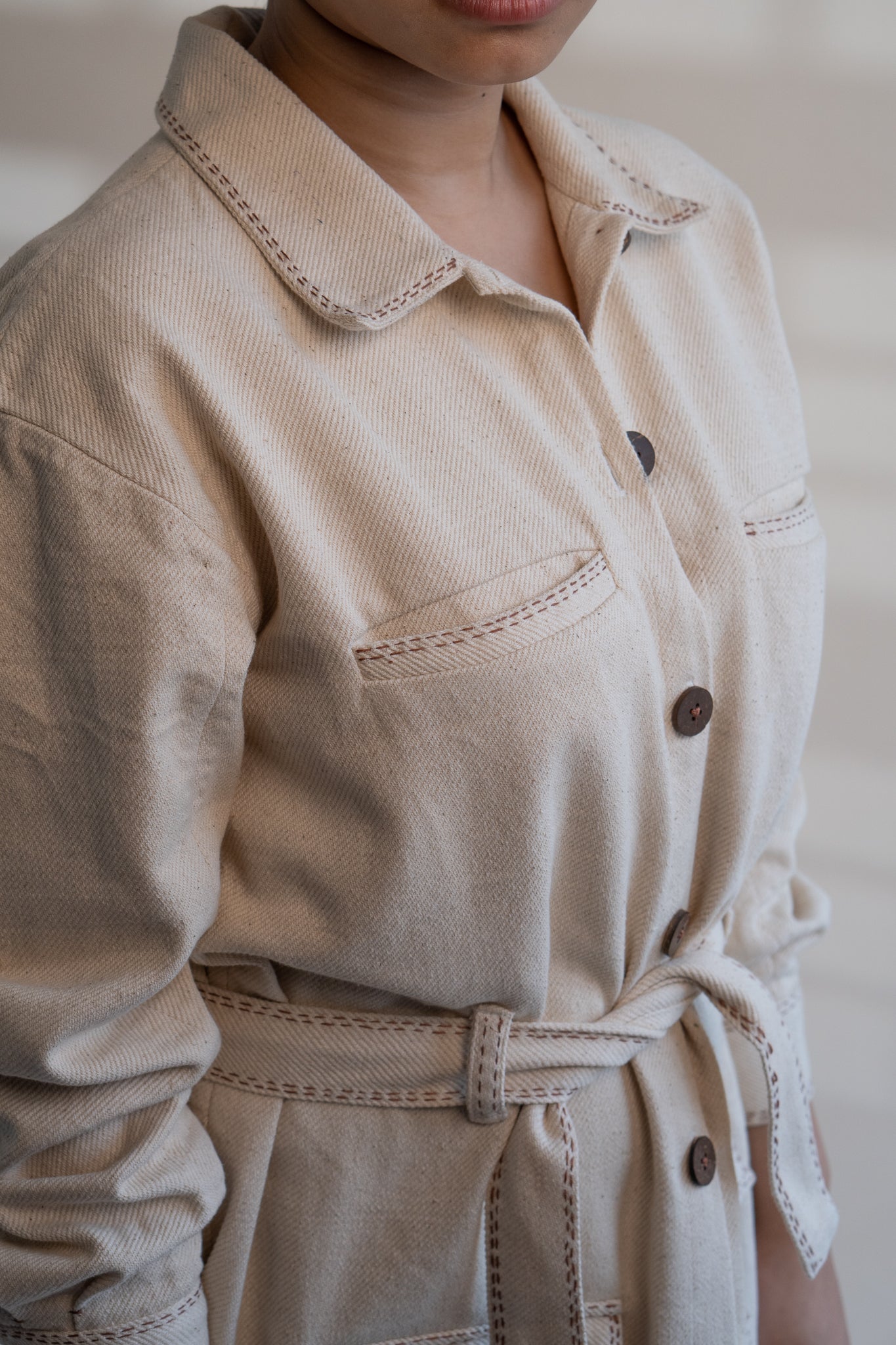 Dawning Denim Dress at Kamakhyaa by Lafaani. This item is Beige, Casual Wear, Denim, Embroidered, Hand Woven Cotton, Kora, Natural, Regular Fit, Shirt Dresses, Shirts, Womenswear