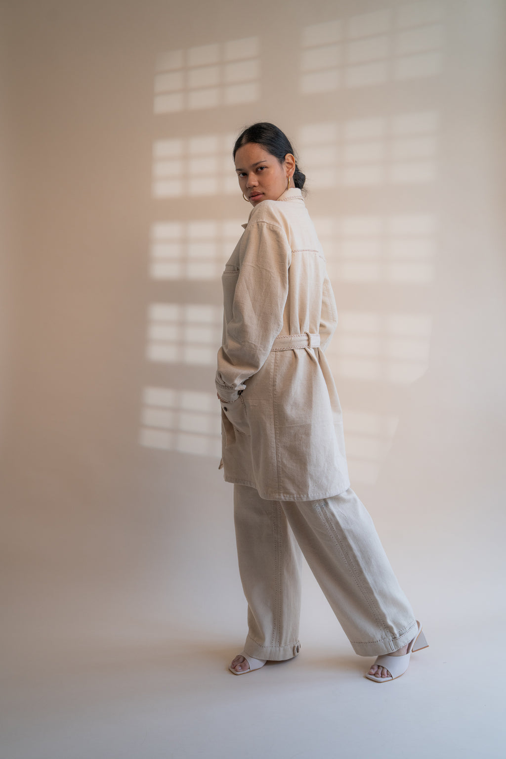 Dawning Denim Dress & Patch Pocket Pants Set at Kamakhyaa by Lafaani. This item is Beige, Casual Wear, Co-ord Sets, Denim, Embroidered, Hand Woven Cotton, Kora, Natural, Regular Fit, Vacation, Vacation Co-ords, Womenswear