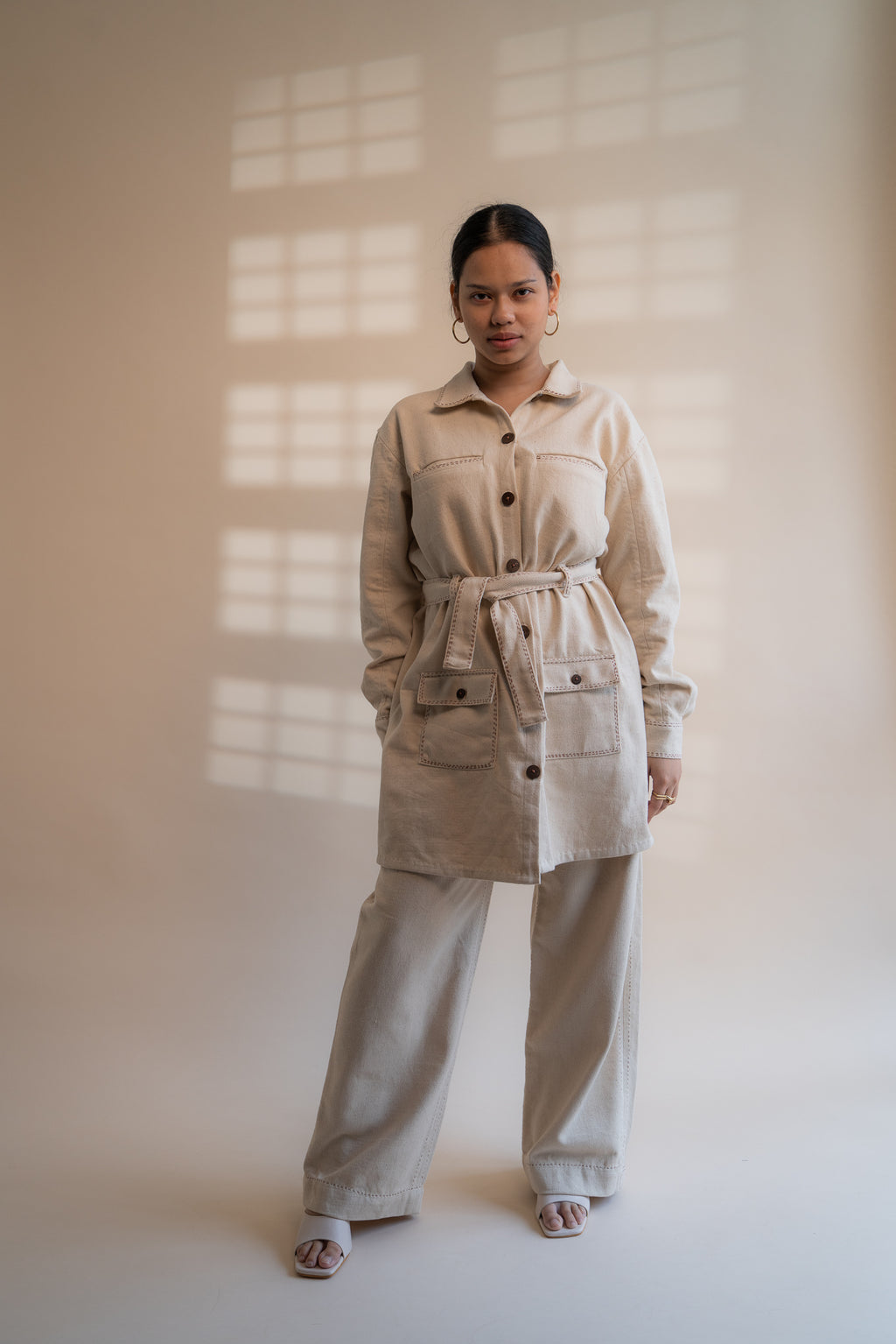 Dawning Denim Dress & Patch Pocket Pants Set at Kamakhyaa by Lafaani. This item is Beige, Casual Wear, Co-ord Sets, Denim, Embroidered, Hand Woven Cotton, Kora, Natural, Regular Fit, Vacation, Vacation Co-ords, Womenswear