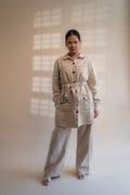 Dawning Denim Dress & Patch Pocket Pants Set at Kamakhyaa by Lafaani. This item is Beige, Casual Wear, Co-ord Sets, Denim, Embroidered, Hand Woven Cotton, Kora, Natural, Regular Fit, Vacation, Vacation Co-ords, Womenswear