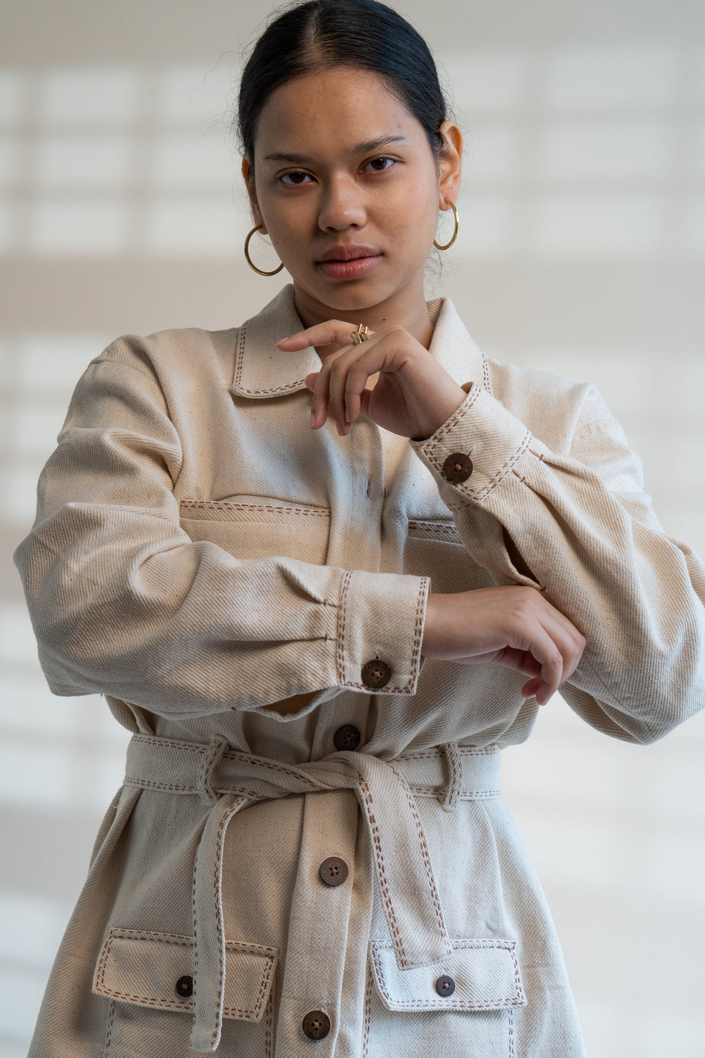 Dawning Denim Dress & Patch Pocket Pants Set at Kamakhyaa by Lafaani. This item is Beige, Casual Wear, Co-ord Sets, Denim, Embroidered, Hand Woven Cotton, Kora, Natural, Regular Fit, Vacation, Vacation Co-ords, Womenswear