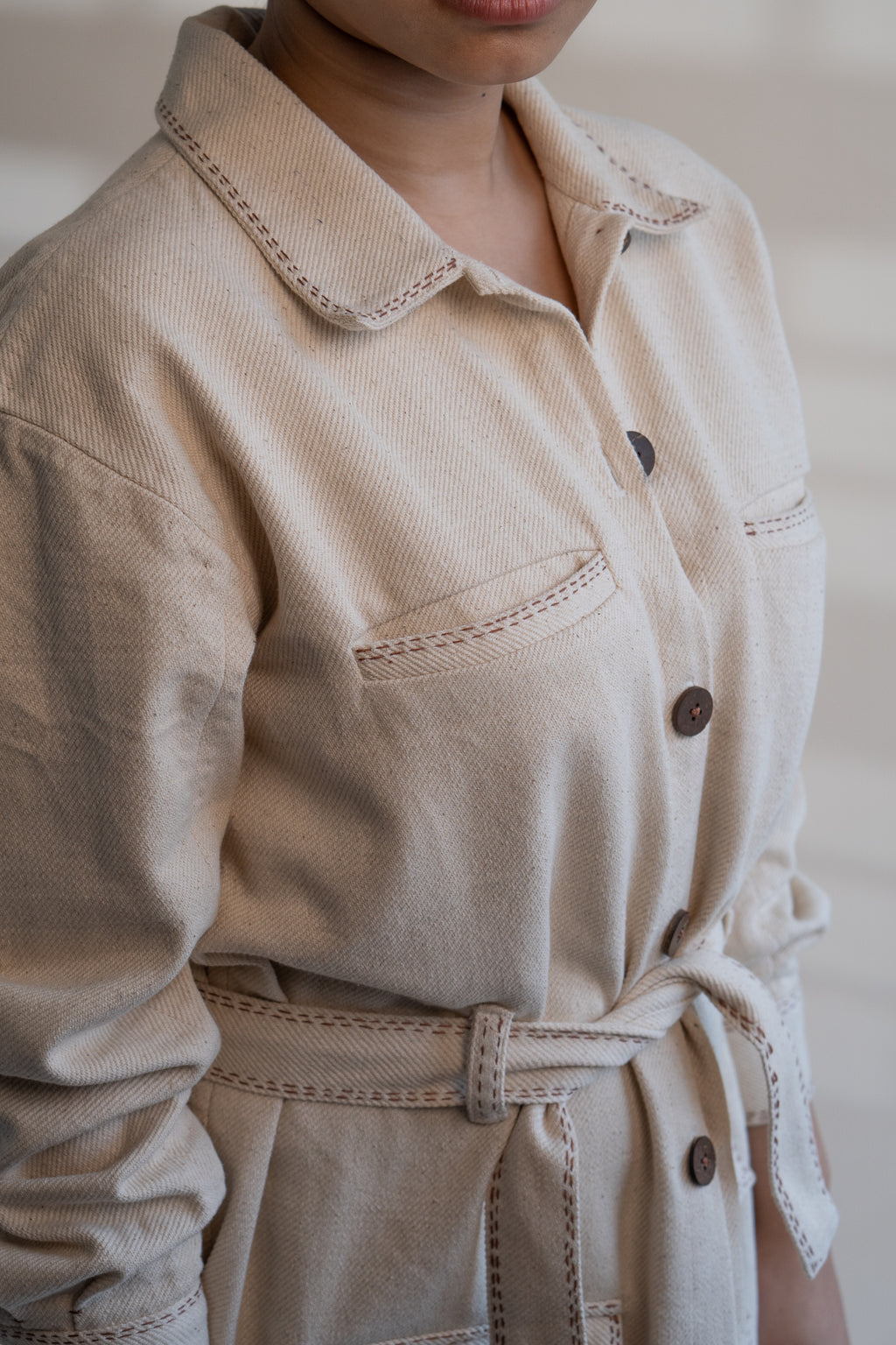 Dawning Denim Dress & Patch Pocket Pants Set at Kamakhyaa by Lafaani. This item is Beige, Casual Wear, Co-ord Sets, Denim, Embroidered, Hand Woven Cotton, Kora, Natural, Regular Fit, Vacation, Vacation Co-ords, Womenswear