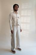 Dawning Denim Jacket & Utility Pants Set at Kamakhyaa by Lafaani. This item is Beige, Bottoms, Casual Wear, Co-ord Sets, Denim, Embroidered, For Him, Hand Woven Cotton, Kora, Mens Co-ords, Menswear, Natural, Regular Fit