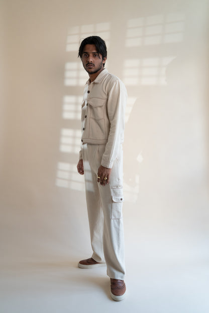Dawning Denim Jacket & Utility Pants Set at Kamakhyaa by Lafaani. This item is Beige, Bottoms, Casual Wear, Co-ord Sets, Denim, Embroidered, For Him, Hand Woven Cotton, Kora, Mens Co-ords, Menswear, Natural, Regular Fit