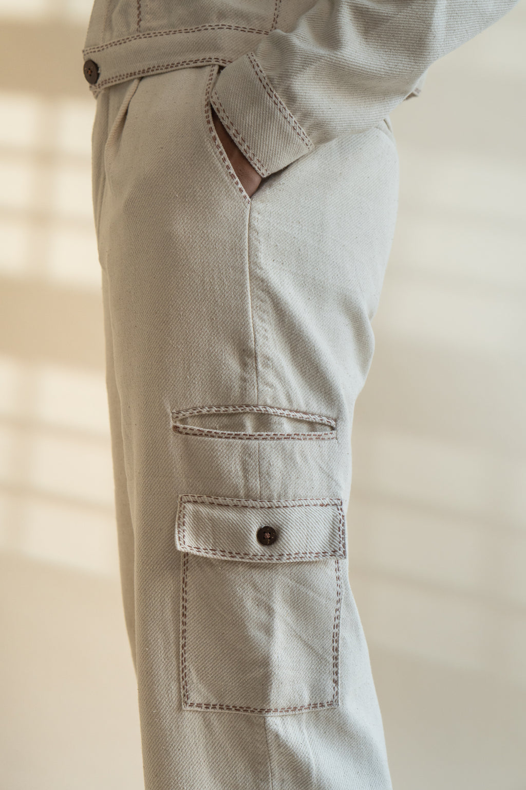 Dawning Denim Jacket & Utility Pants Set at Kamakhyaa by Lafaani. This item is Beige, Bottoms, Casual Wear, Co-ord Sets, Denim, Embroidered, For Him, Hand Woven Cotton, Kora, Mens Co-ords, Menswear, Natural, Regular Fit