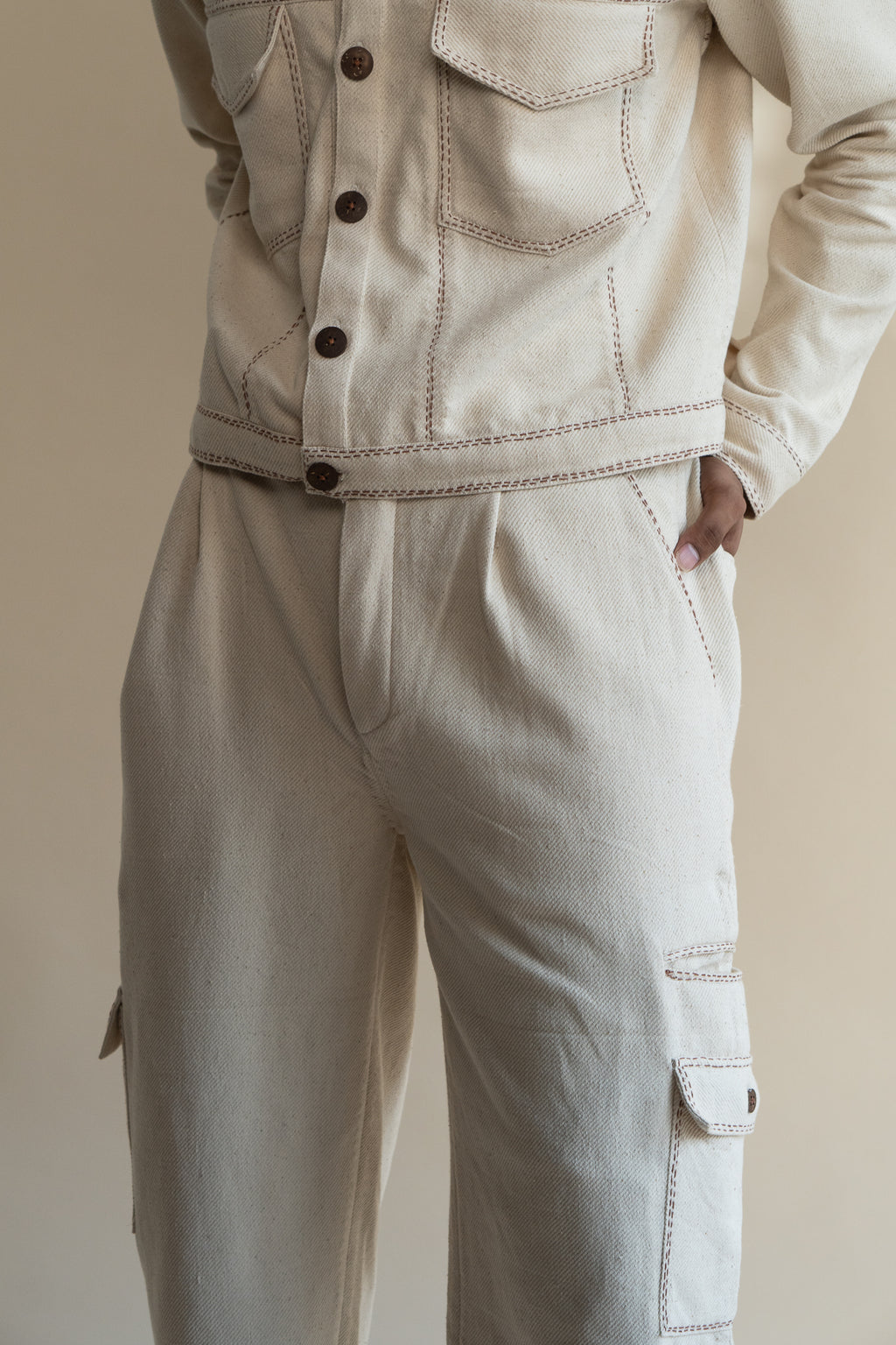 Dawning Denim Jacket & Utility Pants Set at Kamakhyaa by Lafaani. This item is Beige, Bottoms, Casual Wear, Co-ord Sets, Denim, Embroidered, For Him, Hand Woven Cotton, Kora, Mens Co-ords, Menswear, Natural, Regular Fit