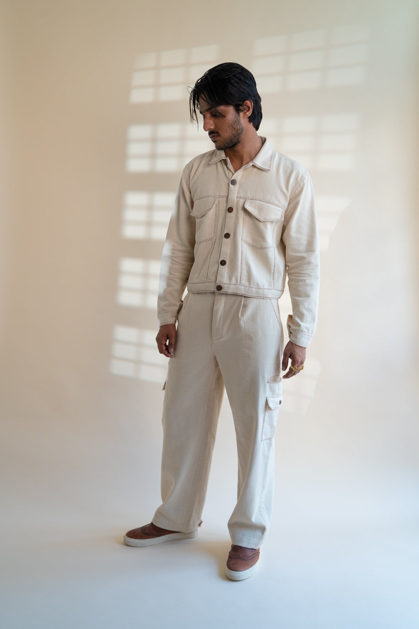 Dawning Denim Jacket & Utility Pants Set at Kamakhyaa by Lafaani. This item is Beige, Bottoms, Casual Wear, Co-ord Sets, Denim, Embroidered, For Him, Hand Woven Cotton, Kora, Mens Co-ords, Menswear, Natural, Regular Fit