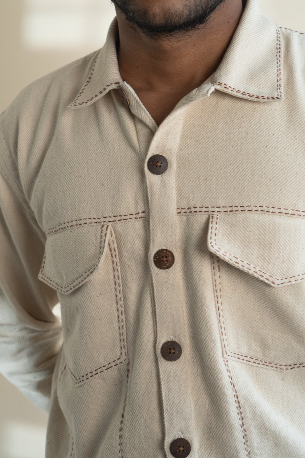 Dawning Denim Jacket & Utility Pants Set at Kamakhyaa by Lafaani. This item is Beige, Bottoms, Casual Wear, Co-ord Sets, Denim, Embroidered, For Him, Hand Woven Cotton, Kora, Mens Co-ords, Menswear, Natural, Regular Fit