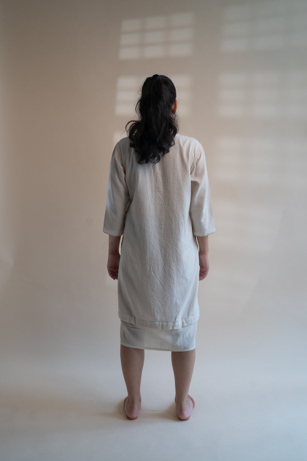 Dawning Long Shirt at Kamakhyaa by Lafaani. This item is Beige, Casual Wear, Denim, Embroidered, Hand Woven Cotton, Kora, Natural, Regular Fit, Shirt Dresses, Shirts, Womenswear