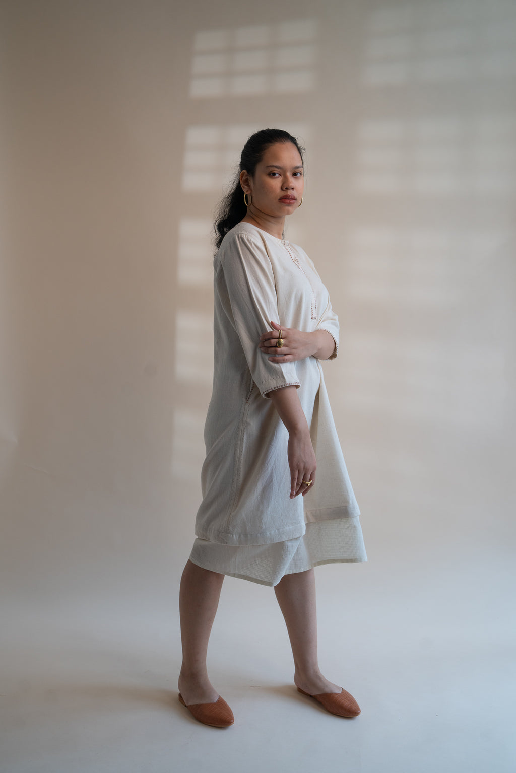 Dawning Long Shirt at Kamakhyaa by Lafaani. This item is Beige, Casual Wear, Denim, Embroidered, Hand Woven Cotton, Kora, Natural, Regular Fit, Shirt Dresses, Shirts, Womenswear