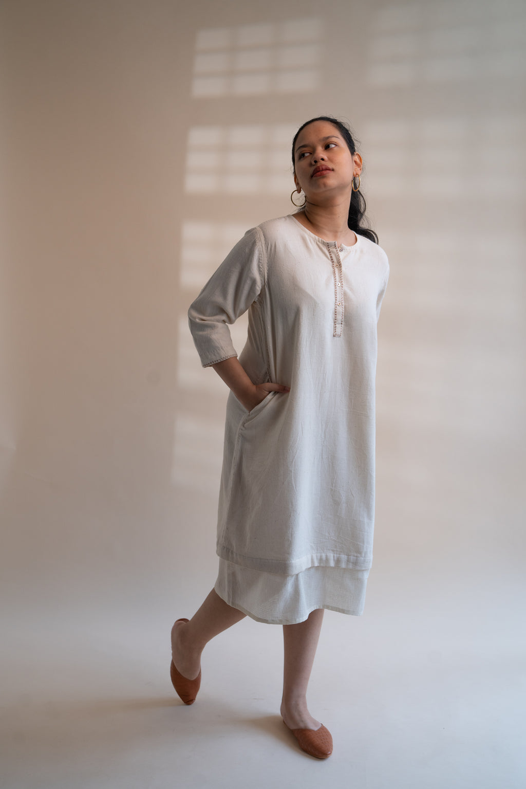 Dawning Long Shirt at Kamakhyaa by Lafaani. This item is Beige, Casual Wear, Denim, Embroidered, Hand Woven Cotton, Kora, Natural, Regular Fit, Shirt Dresses, Shirts, Womenswear