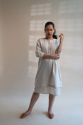 Dawning Long Shirt at Kamakhyaa by Lafaani. This item is Beige, Casual Wear, Denim, Embroidered, Hand Woven Cotton, Kora, Natural, Regular Fit, Shirt Dresses, Shirts, Womenswear