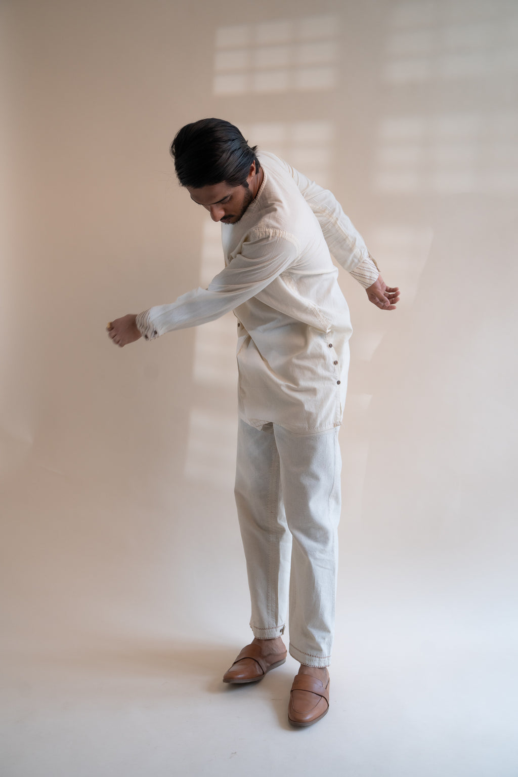 Dawning Pleated Pants at kamakhyaa.com by Lafaani. This item is 100% Cotton, Beige, Casual Wear, Clothing by Lafaani, Dawning by Lafaani, Denim, Embroidered, For Father, For Him, Handwoven Cotton, Kora, Men Shirts, Menswear, Natural, Rakhi Special, Regular Fit, Shirts, Tops, Under $200