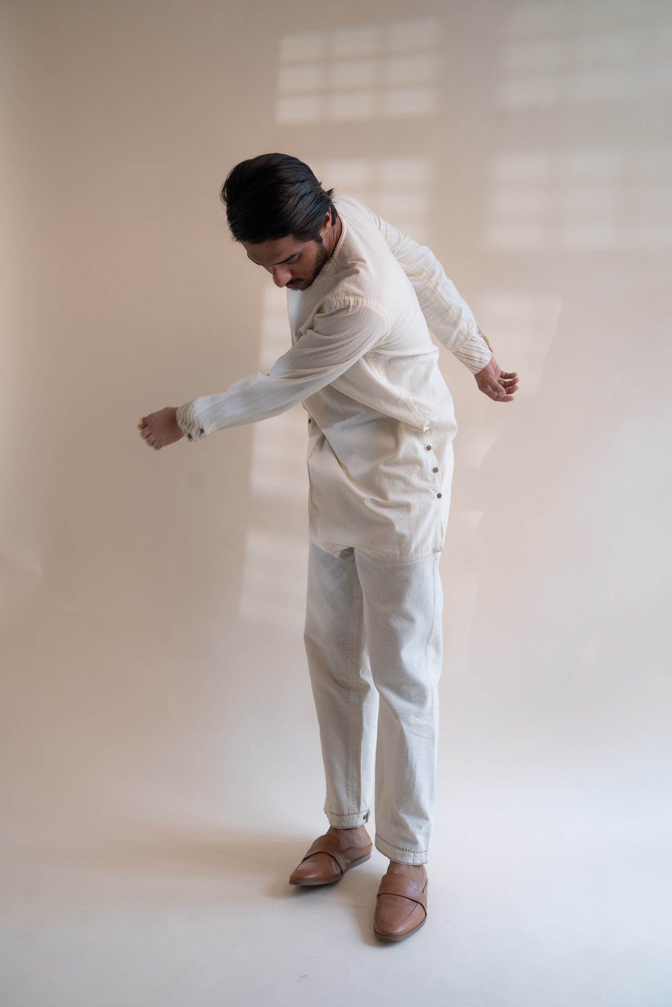 Dawning Pleated Pants at kamakhyaa.com by Lafaani. This item is 100% Cotton, Beige, Casual Wear, Clothing by Lafaani, Dawning by Lafaani, Denim, Embroidered, For Father, For Him, Handwoven Cotton, Kora, Men Shirts, Menswear, Natural, Rakhi Special, Regular Fit, Shirts, Tops, Under $200